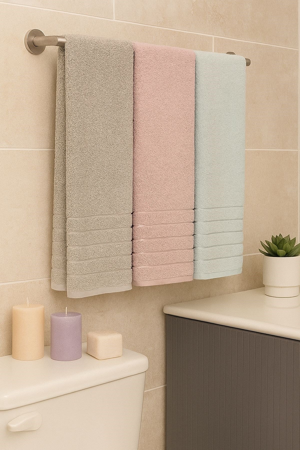 Line 3’lü Banyo Havlu Seti – 100x150 cm %100 Pamuk, Yumuşak Dokulu,Çizgili Desenli