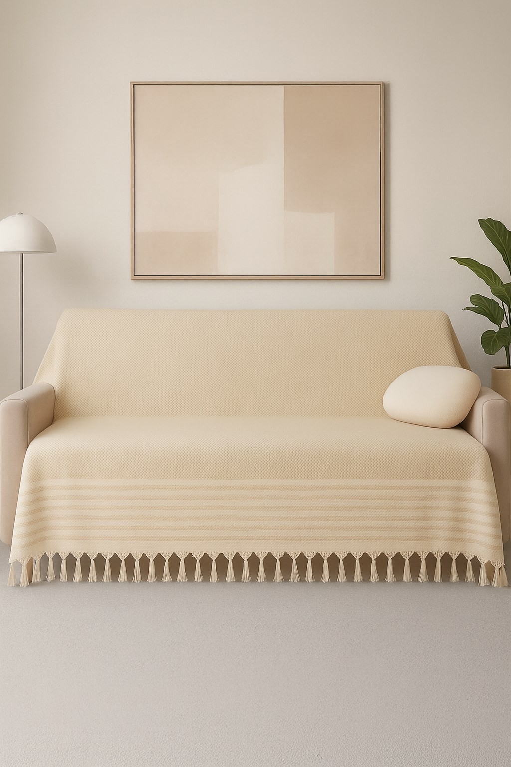 Mira – Pamuklu Püsküllü Örtü, Geometrik Desenli Koltuk ve Yatak Şalı 220x180 cm