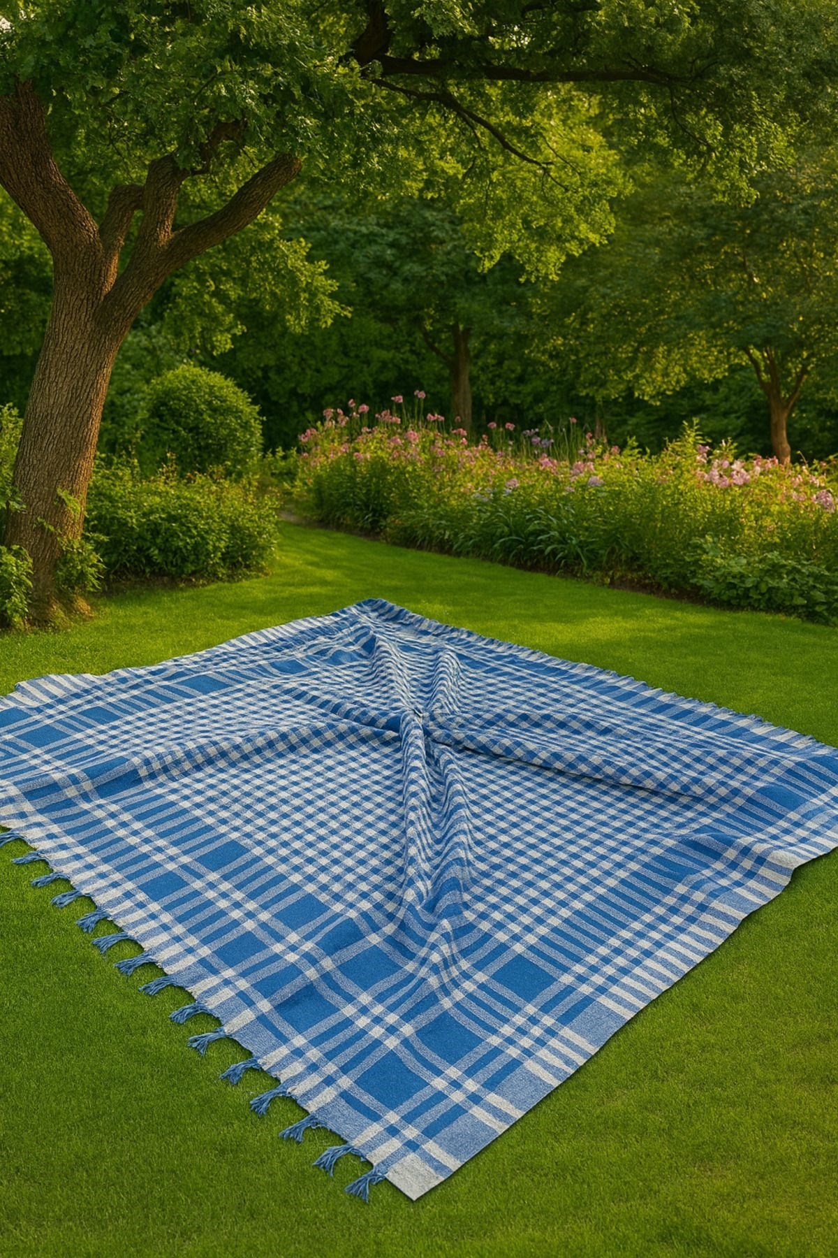 Saçaklı Piti Kareli Masa Örtüsü 150x150 cm – Sofra & Piknik İçin Çok Amaçlı Örtü