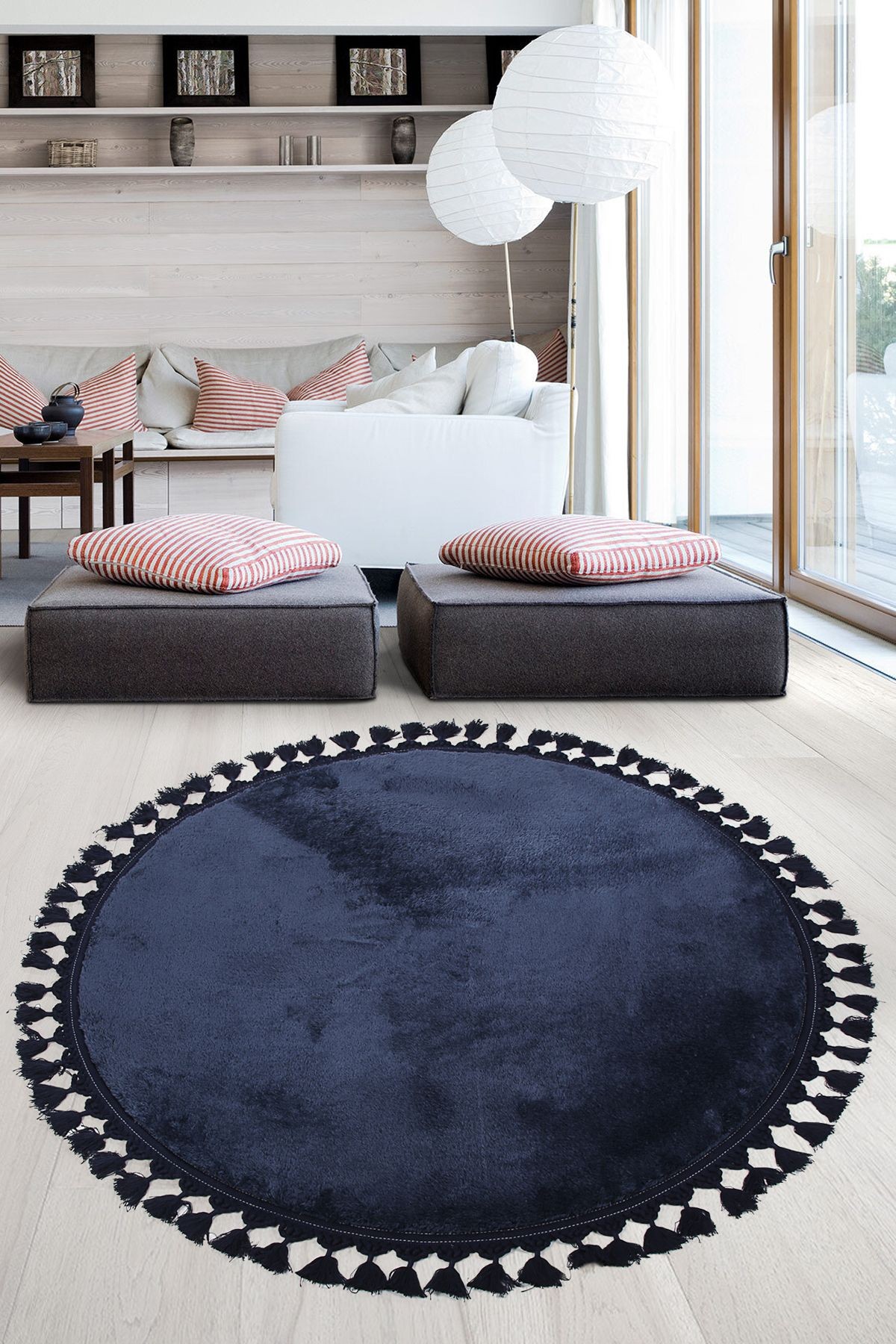 Relax Yuvarlak Ponpon Saçaklı Salon Oda Çocuk Mutfak Koridor Halısı Kaymaz Tabanlı Yumuşak Peluş Yolluk - Lacivert