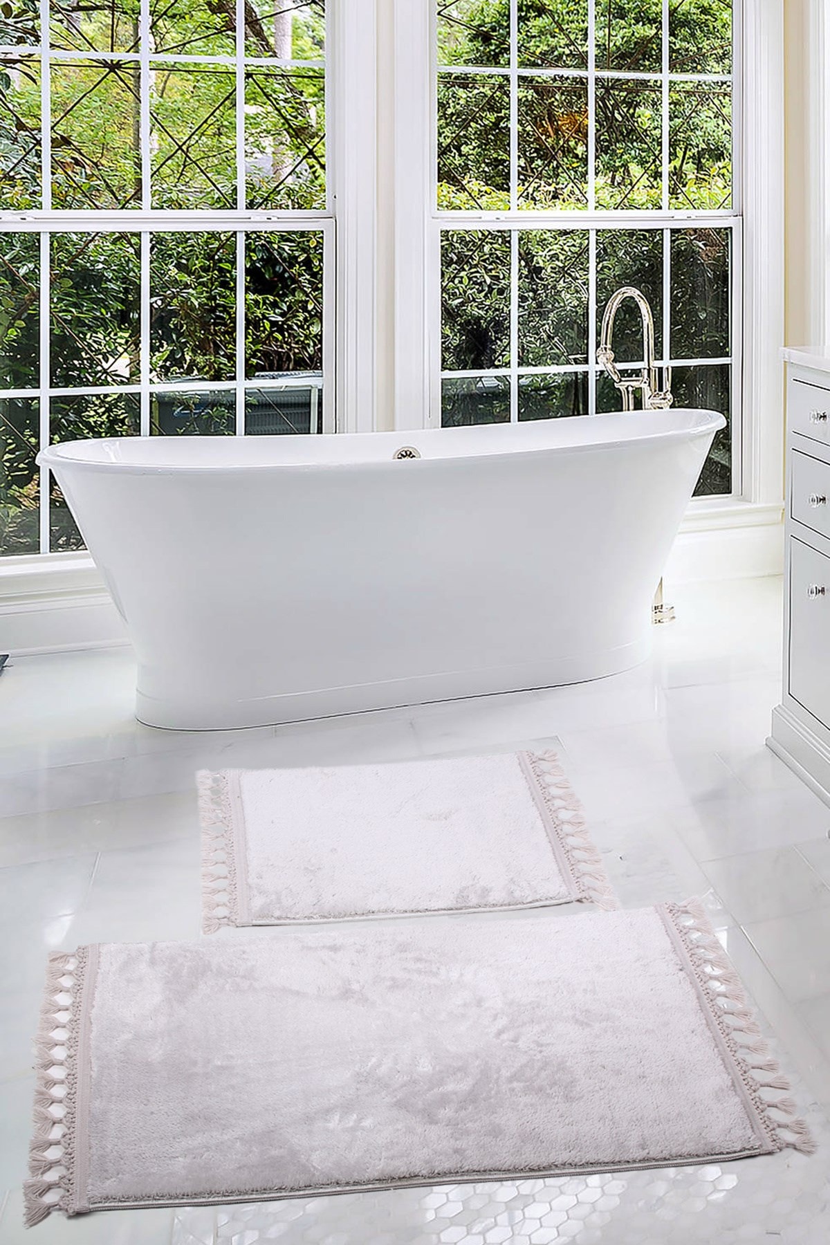 Relax 60x100 + 50x60 cm 2'li Köşeli Ponpon Saçaklı Banyo Halısı Paspası Seti Kaymaz Tabanlı - Gri