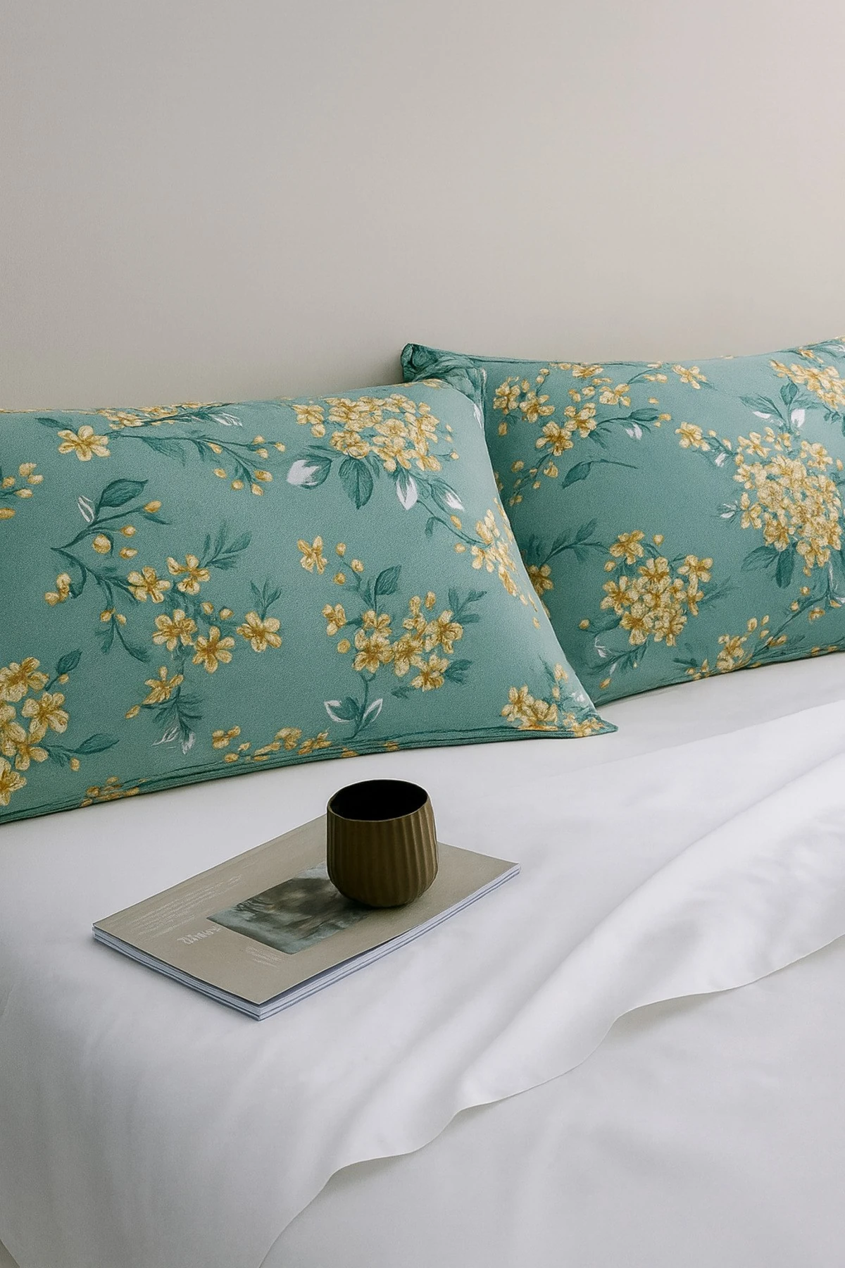 Mirna Yeşil Desenli 2 li Yastık Kılıfı Pamuklu Kumaş Fermuarlı