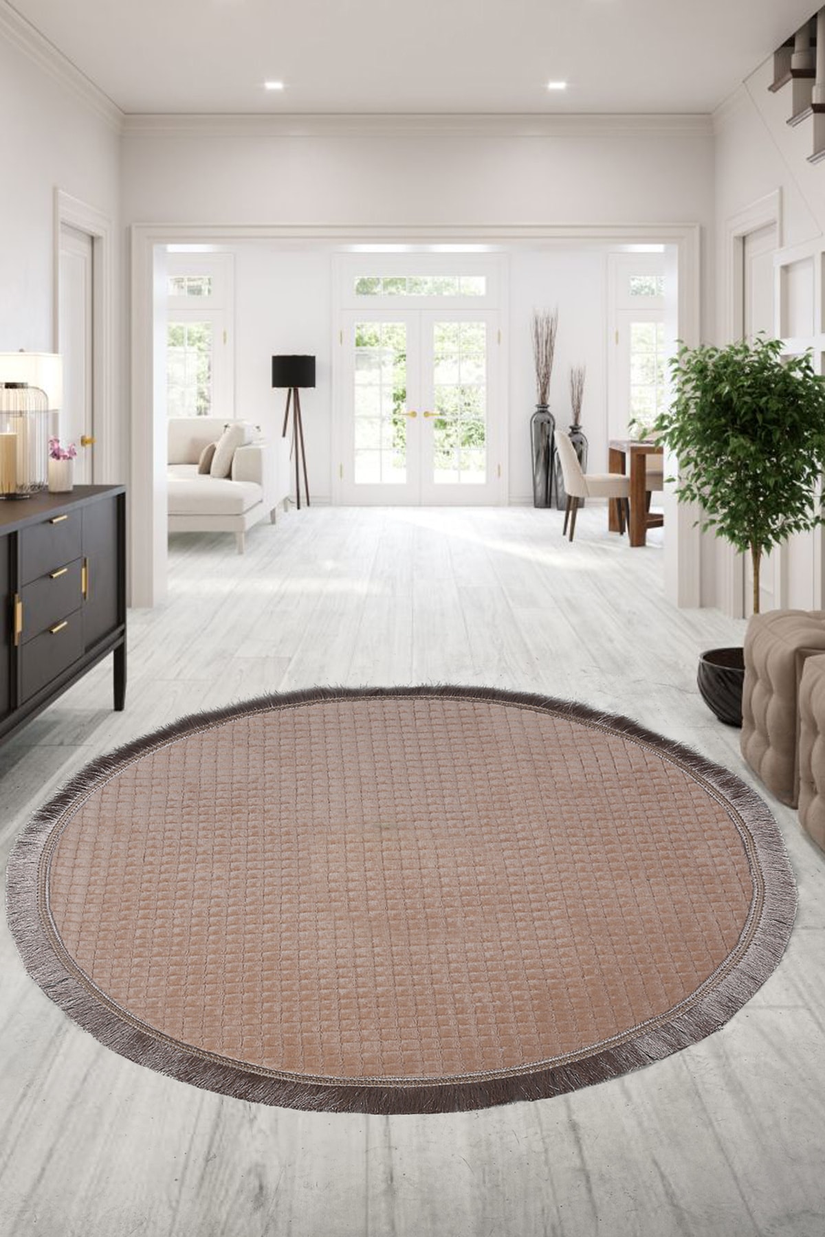 Kare Plus Yuvarlak Spor Saçaklı Salon Oda Çocuk Mutfak Antre Koridor Halısı Kaymaz Yıkanabilir Peluş Halı Yolluk - Vizon
