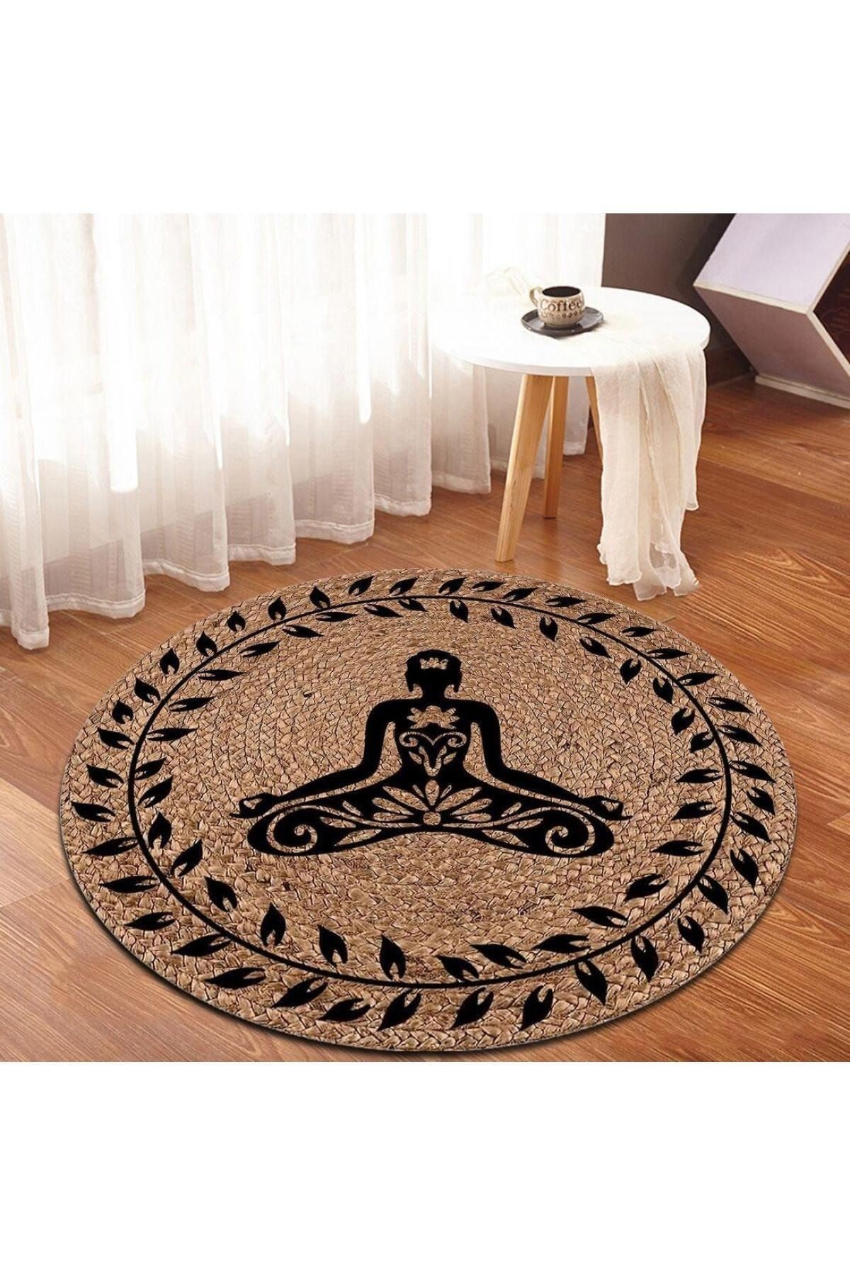 Bej & Siyah Yoga Desen Yuvarlak Jüt Hasır Halı Salon Oda Çocuk Mutfak Antre Koridor Halısı Yolluk KS-1045