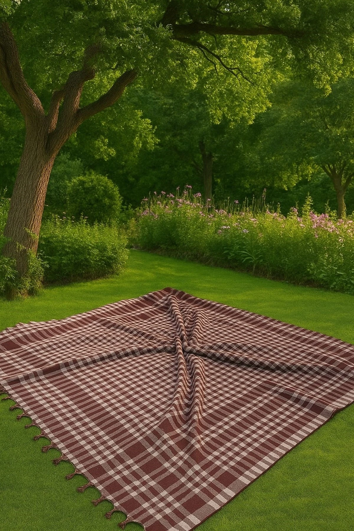 Saçaklı Piti Kareli Masa Örtüsü 150x150 cm – Sofra & Piknik İçin Çok Amaçlı Örtü