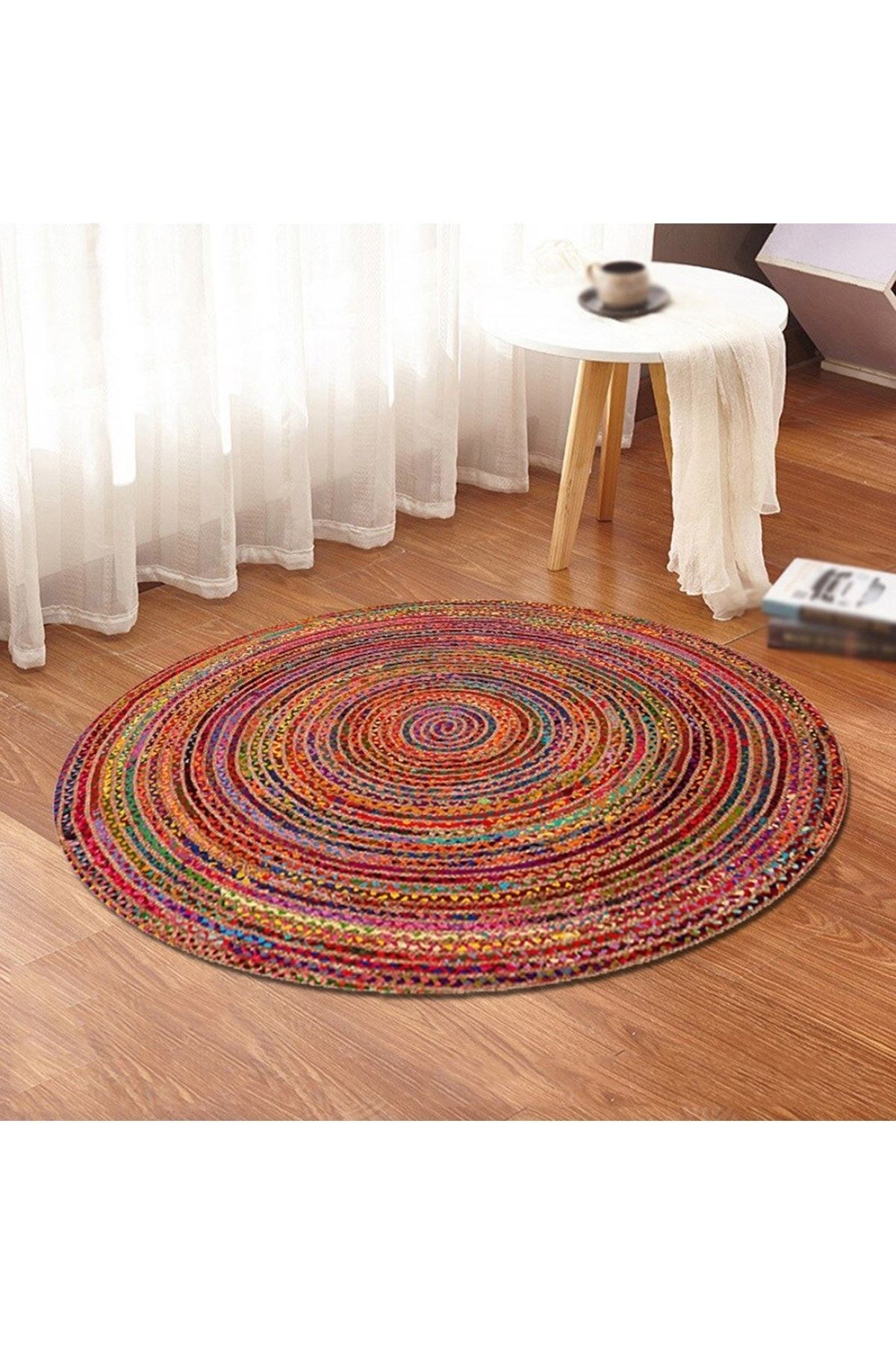 Gökkuşlağı Desen Yuvarlak Jüt Hasır Halı Salon Oda Çocuk Mutfak Antre Koridor Halısı Yolluk KS-1072