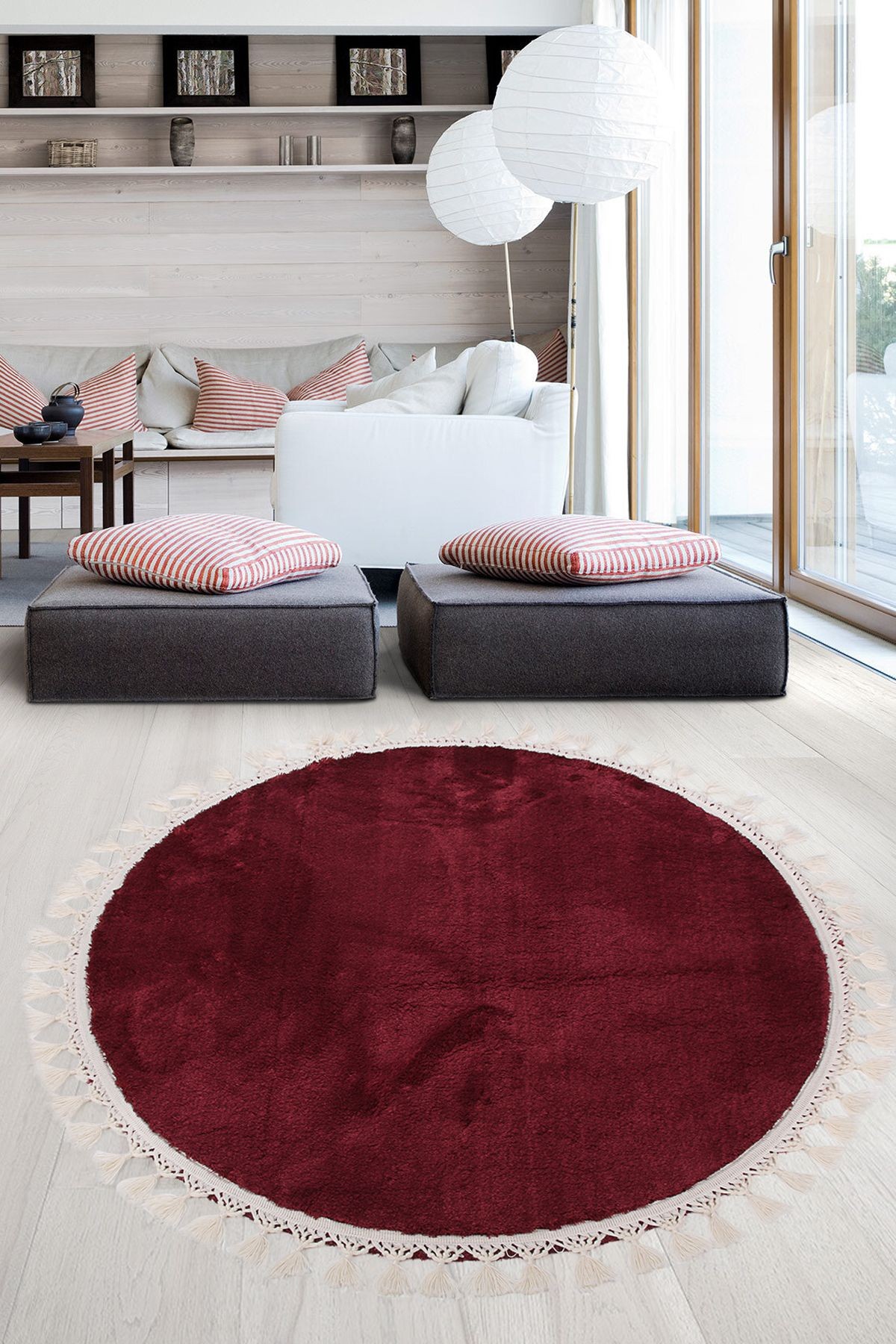Relax Yuvarlak Ponpon Saçaklı Salon Oda Çocuk Mutfak Koridor Halısı Kaymaz Tabanlı Yumuşak Peluş Yolluk - Mürdüm