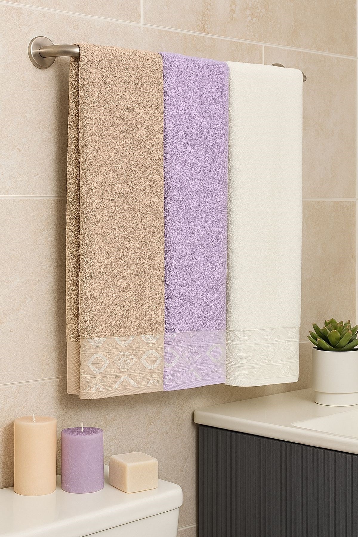 Göz desen 3’lü Banyo Havlu Seti – 100x150 cm %100 Pamuk, Yumuşak Dokulu,Desenli.