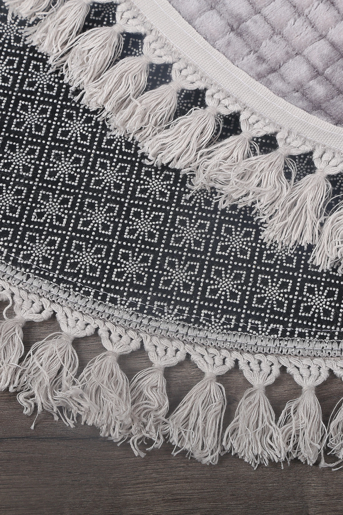 Kare Plus Yuvarlak Ponpon Saçaklı Salon Oda Çocuk Mutfak Antre Koridor Halısı Kaymaz Tabanlı Yıkanabilir Peluş Halı Yolluk - Gri