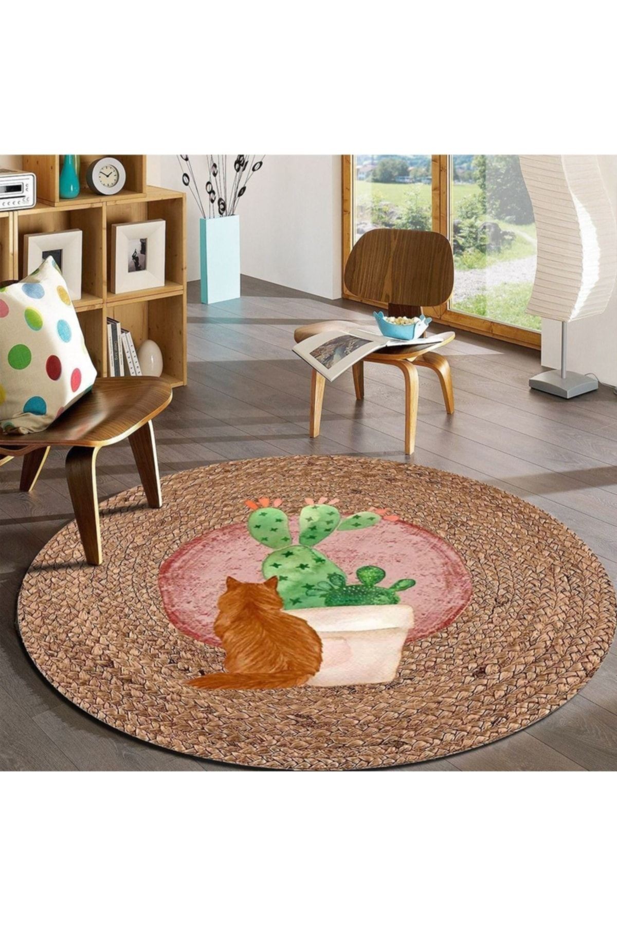 Cat & Kaktüs Yuvarlak Jüt Hasır Halı Salon Oda Çocuk Mutfak Antre Koridor Halısı Yolluk KS-1044