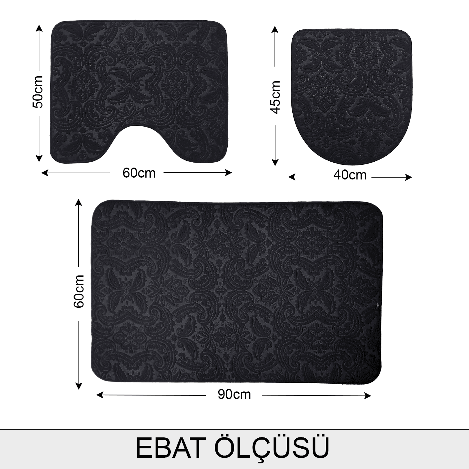 Bonny Home 3’lü UltraSoft Desenli Klozet Takımı Banyo Halısı Paspas Seti - Siyah