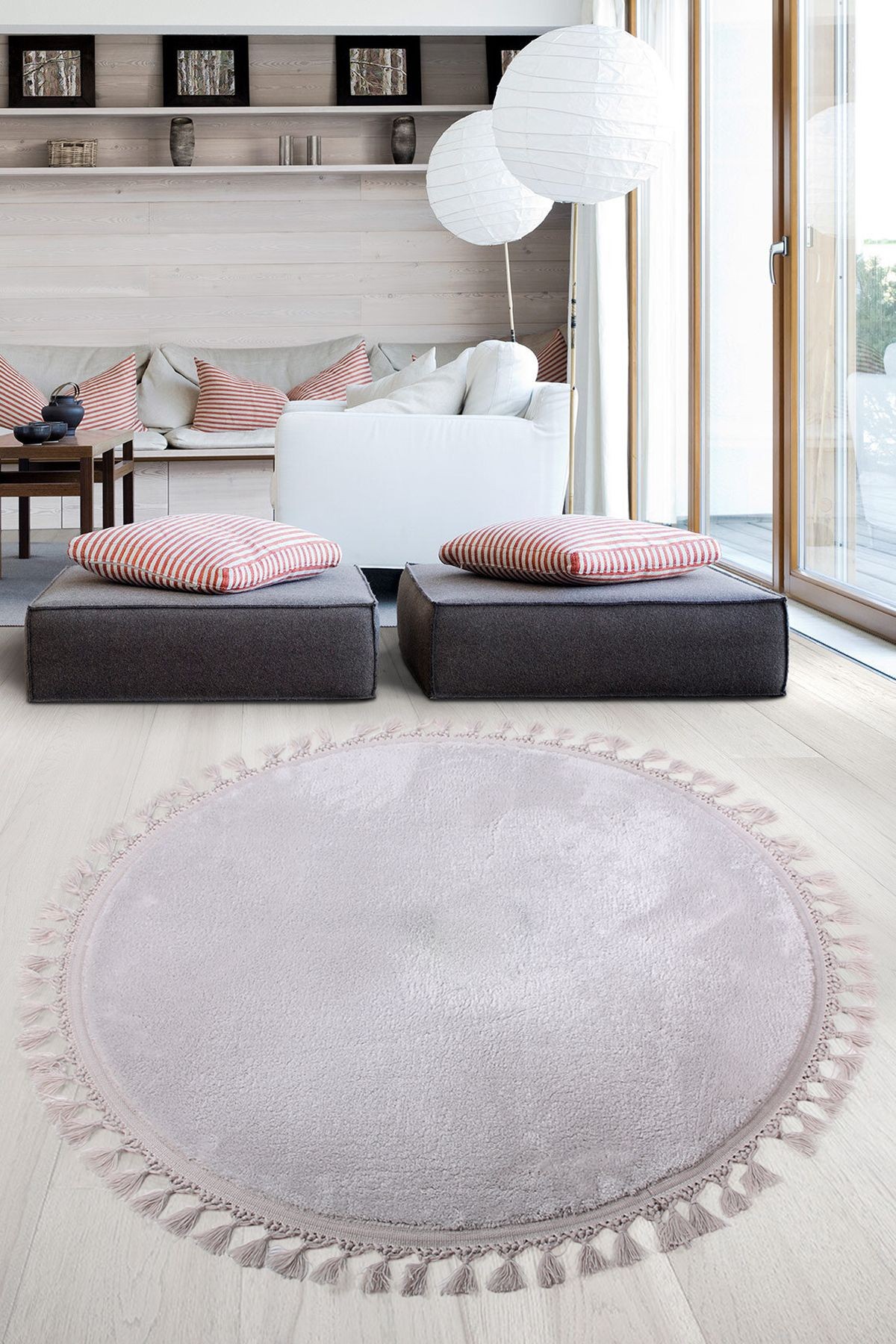 Relax Yuvarlak Ponpon Saçaklı Salon Oda Çocuk Mutfak Koridor Halısı Kaymaz Tabanlı Yumuşak Peluş Yolluk - Gri