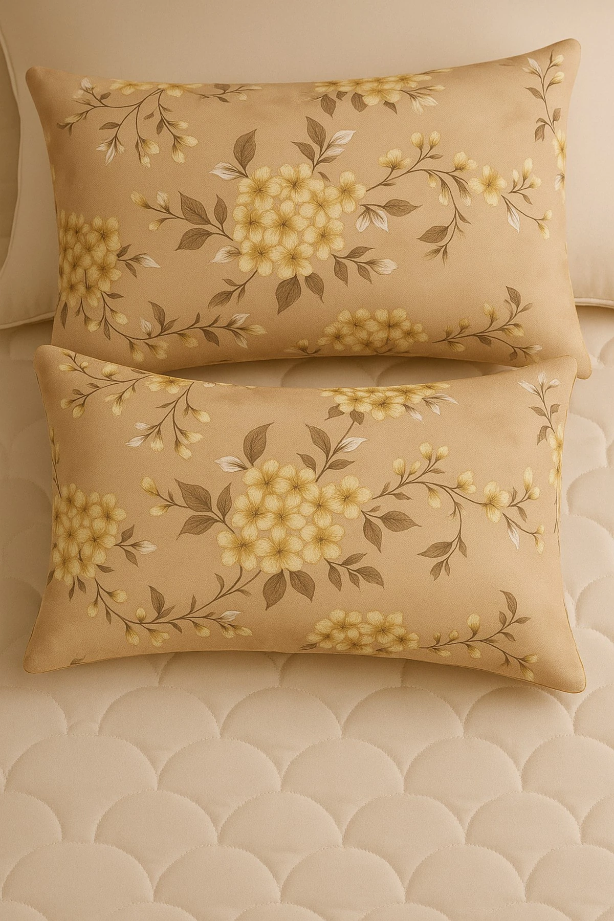 Mirna Kahve Desenli 2 li Yastık Kılıfı Pamuklu Kumaş Fermuarlı