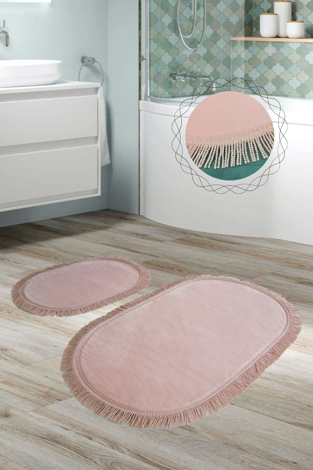 Shareton Oval 2'li Burgu Saçaklı Banyo Paspası Seti Püsküllü Kaymaz Klozet Takımı - Pudra