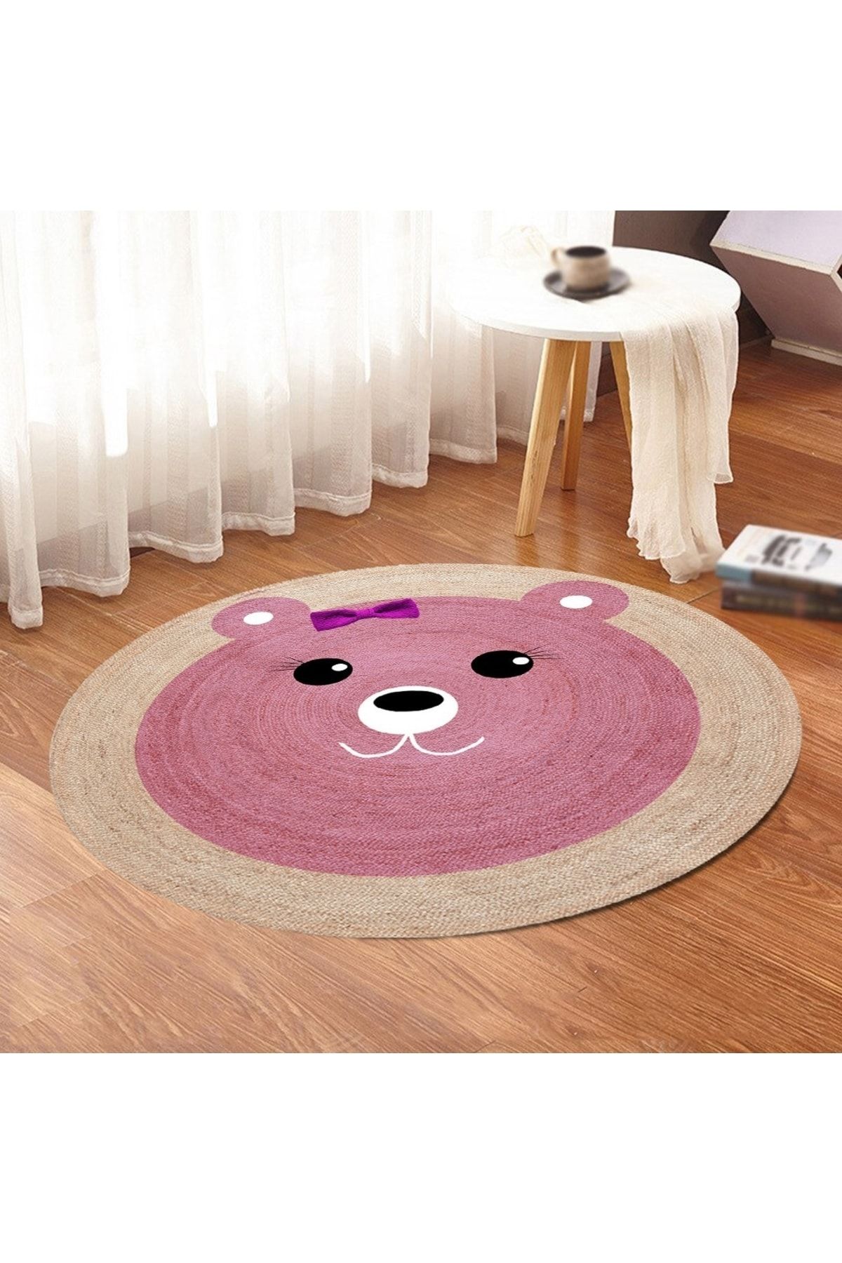 Pembe Ayıcık Desenlı Yuvarlak Jüt Hasır Halı Salon Oda Çocuk Mutfak Antre Koridor Halısı Yolluk KS-1081