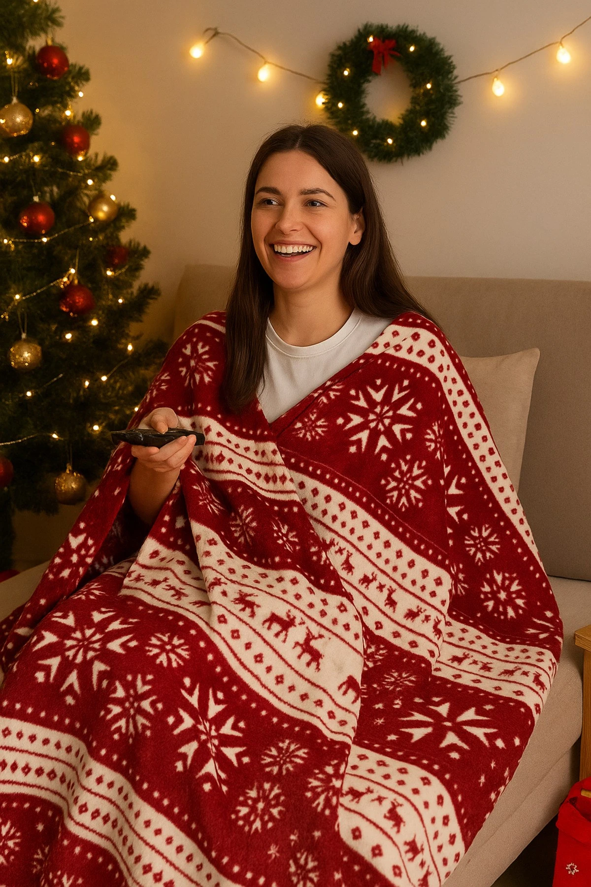 Berfu Kadife Bordo-Kırmızı Yılbaşı Desenli Tv Battaniyesi Tek Kişilik Polar Battaniye Koltuk Şalı