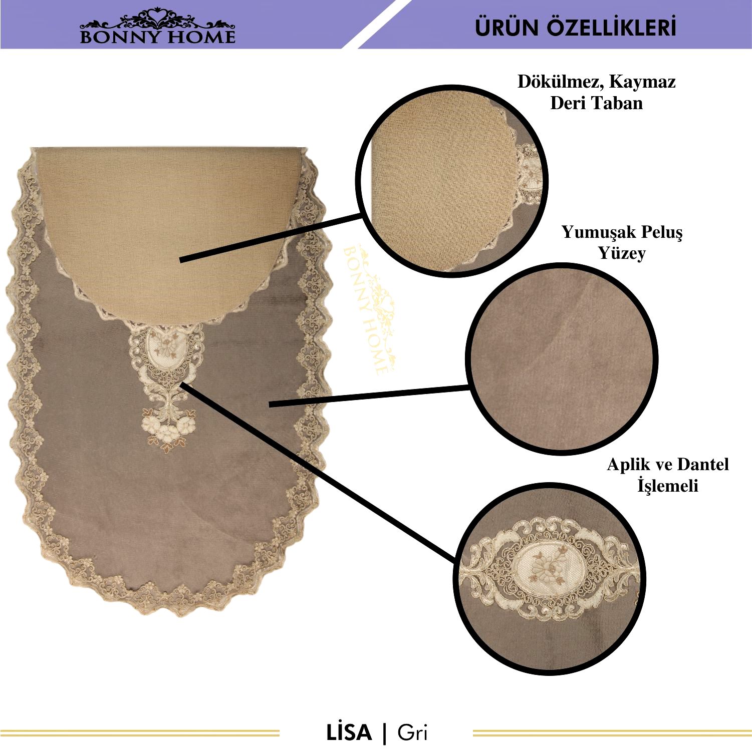 Bonny Home Lisa 3lü Dantelli Klozet Takımı Çeyizlik Banyo Halısı Paspası Seti - Gri