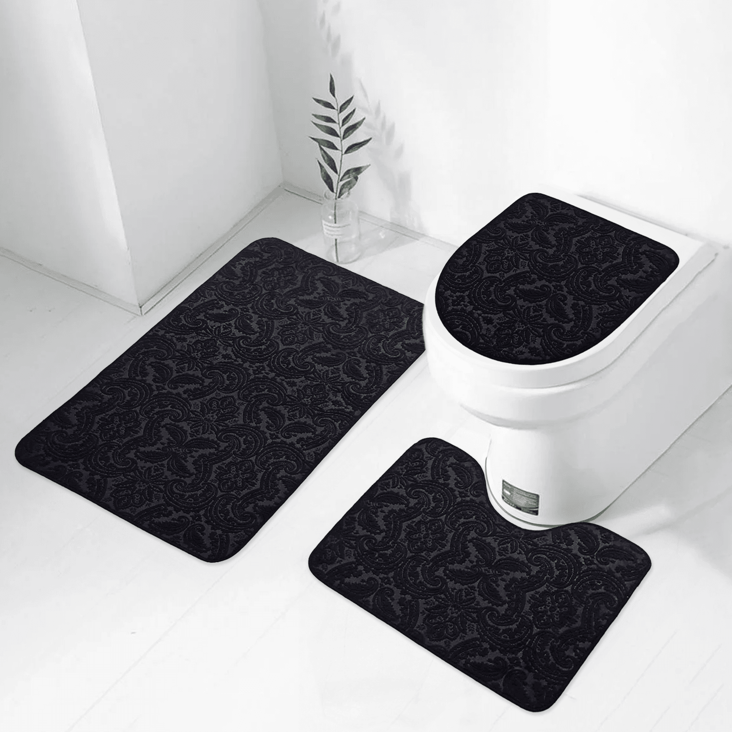 Bonny Home 3’lü UltraSoft Desenli Klozet Takımı Banyo Halısı Paspas Seti - Siyah