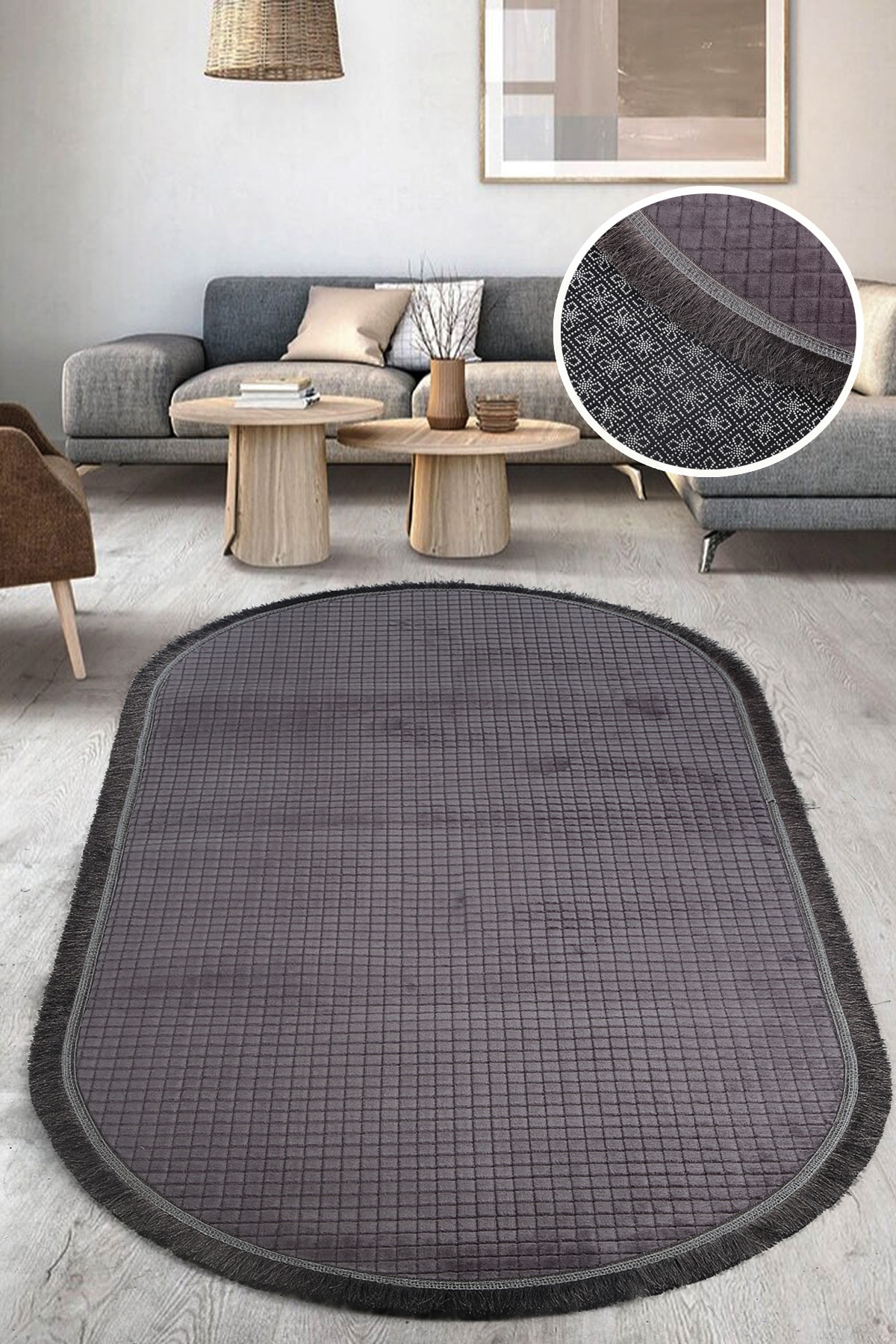 Kare Plus Oval Spor Saçaklı Salon Oda Çocuk Mutfak Antre Koridor Halısı Kaymaz Yıkanabilir Peluş Kesme Halı Yolluk - Antrasit