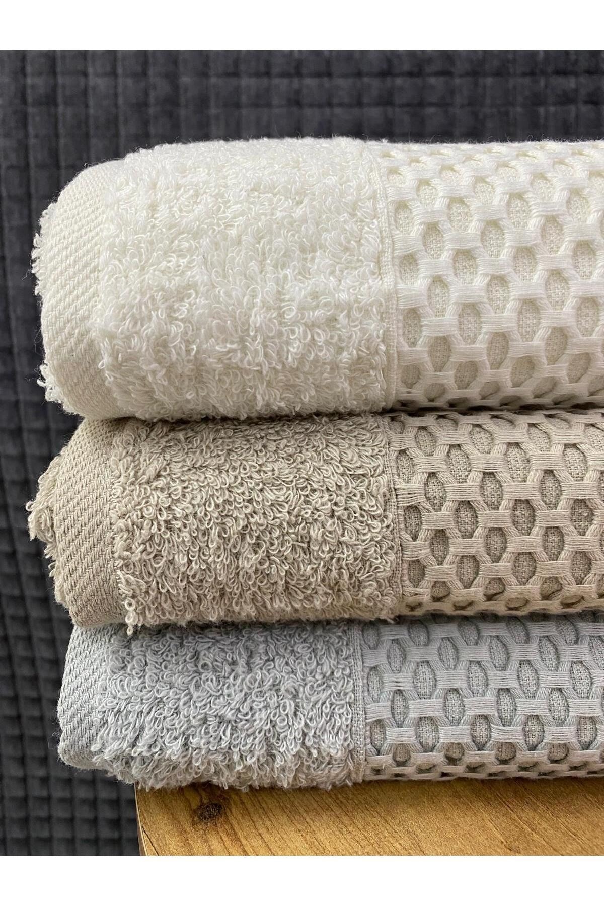 Waffle 3’lü Banyo Havlusu Seti – 3 Adet 100x150 cm, %100 Pamuk, Yumuşak Dokulu, Örgü Desenli Havlu