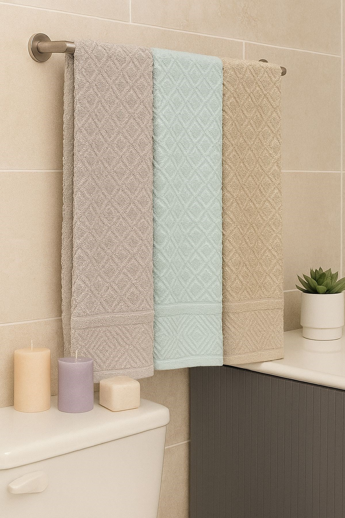 Karo 3’lü Banyo Havlu Seti – 100x150 cm %100 Pamuk, Yumuşak Dokulu,Örgü Desen
