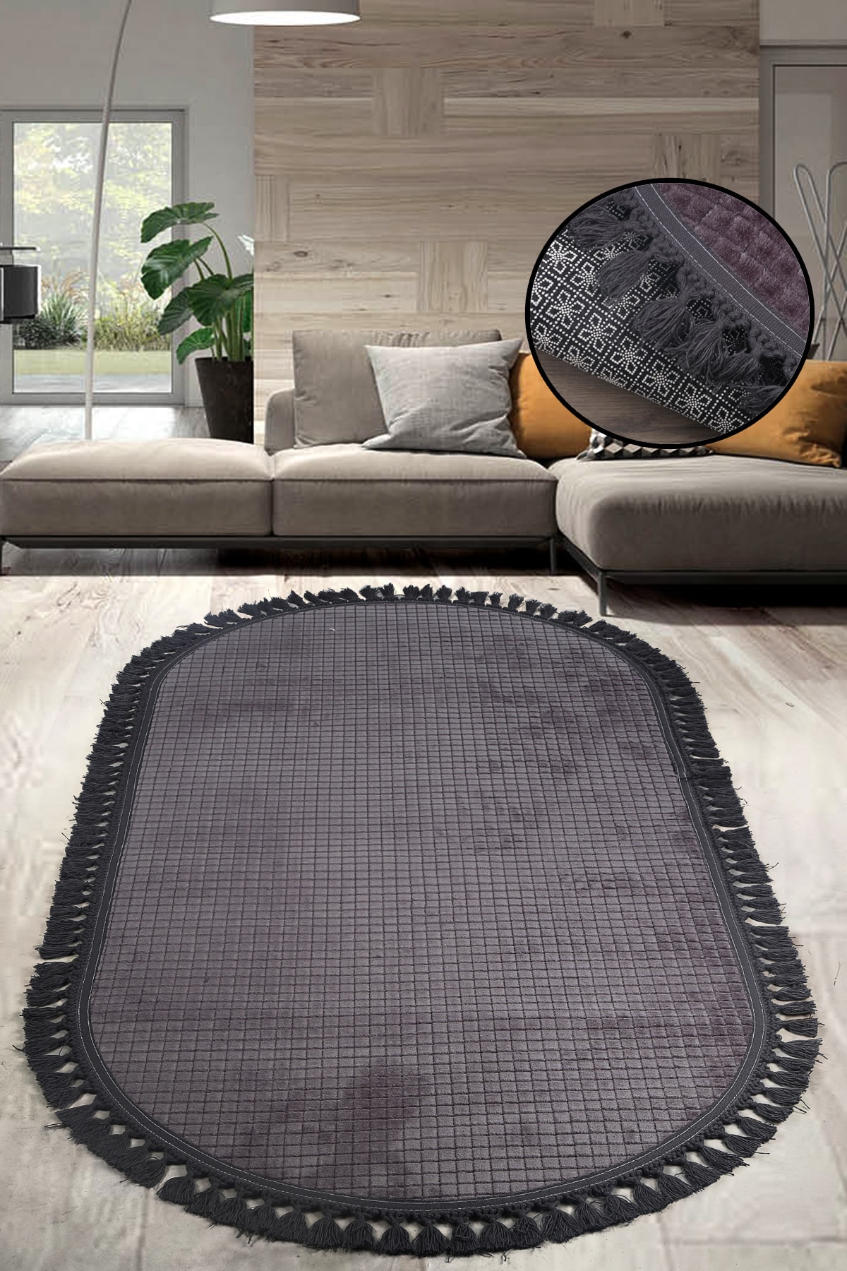 Kare Plus Oval Ponpon Saçaklı Salon Oda Çocuk Mutfak Antre Koridor Halısı Kaymaz Tabanlı Yıkanabilir Peluş Halı Yolluk - Antrasit