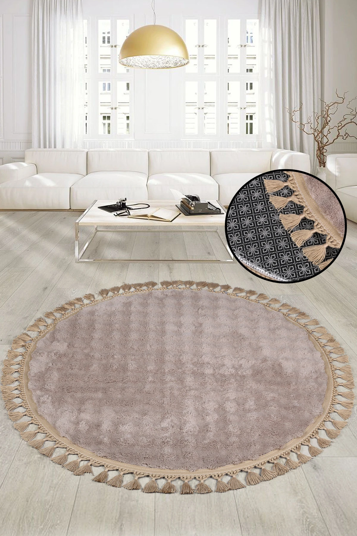 Bubble Yuvarlak Ponpon Saçaklı Salon Oda Çocuk Mutfak Koridor Antre Halısı Yıkanabilir Kaymaz Tabanlı Peluş Halı Yolluk - Kahve