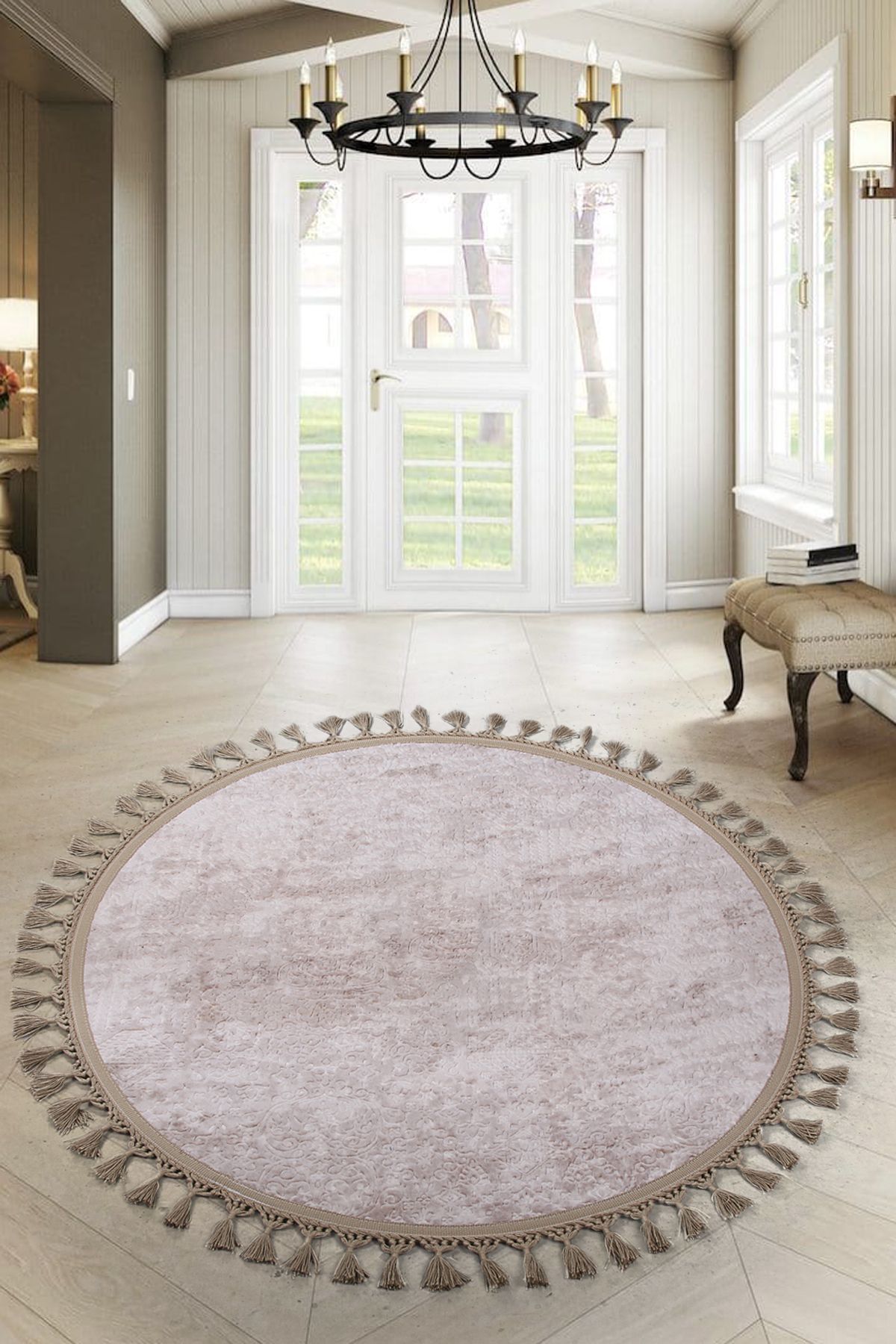 Nova Yuvarlak Ponpon Saçaklı Salon Oda Çocuk Mutfak Koridor Halısı Kaymaz Tabanlı Yumuşak Peluş Yolluk - Vizon