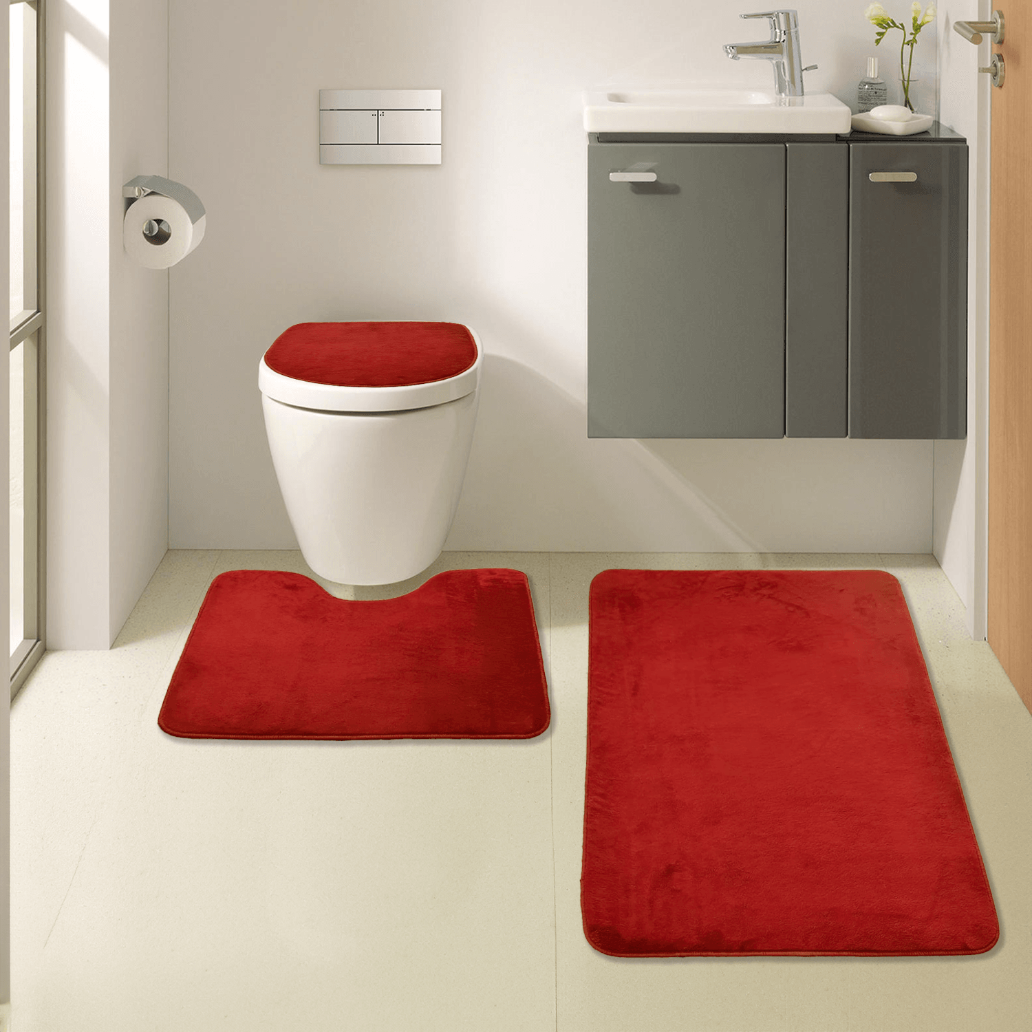 Bonny Home Unicolor Düz 3lü Banyo Paspası Halısı Seti Kaymaz Klozet Takımı - Kırmızı