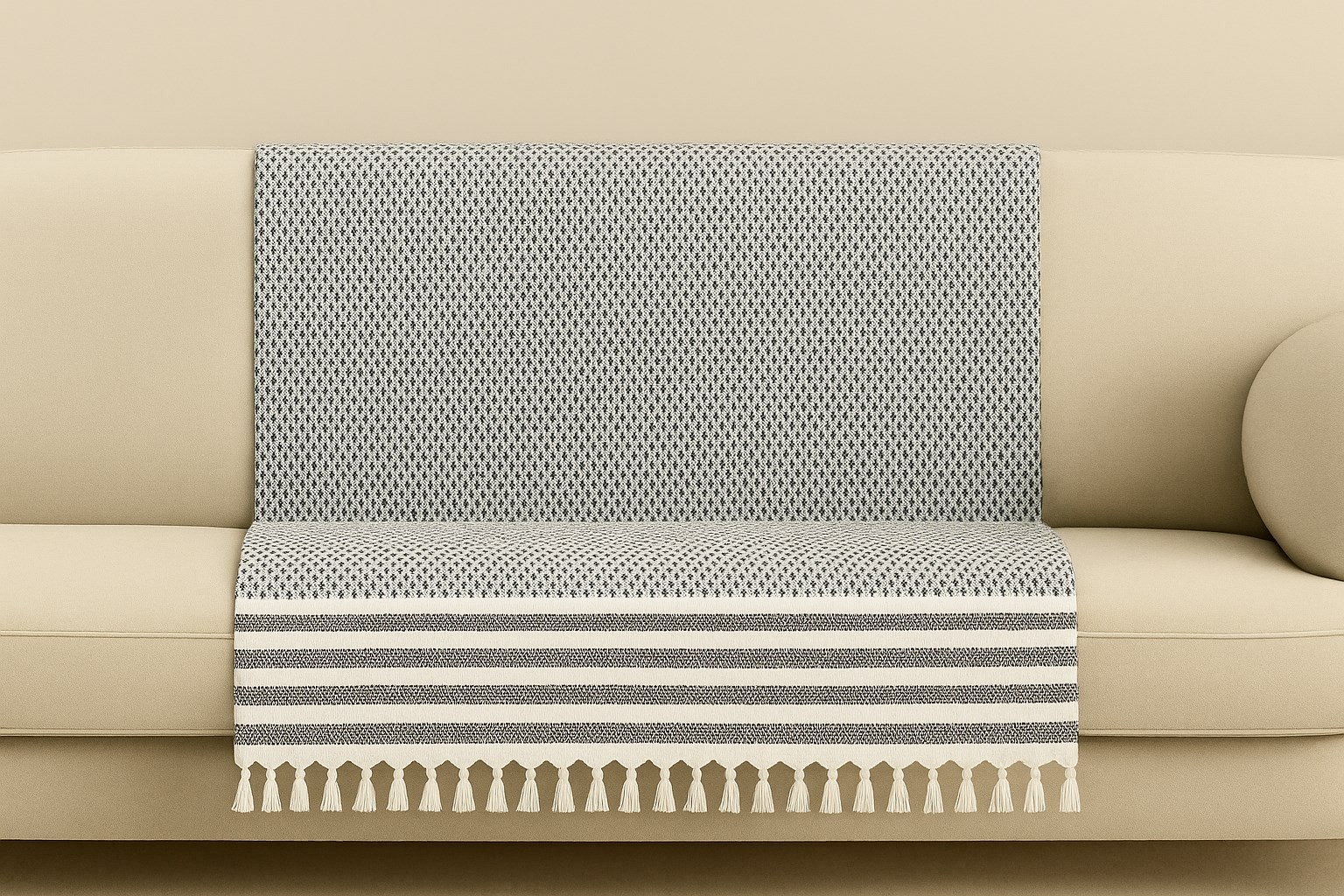 Mira – Pamuklu Püsküllü Örtü, Geometrik Desenli Koltuk ve Yatak Şalı 220x180 cm