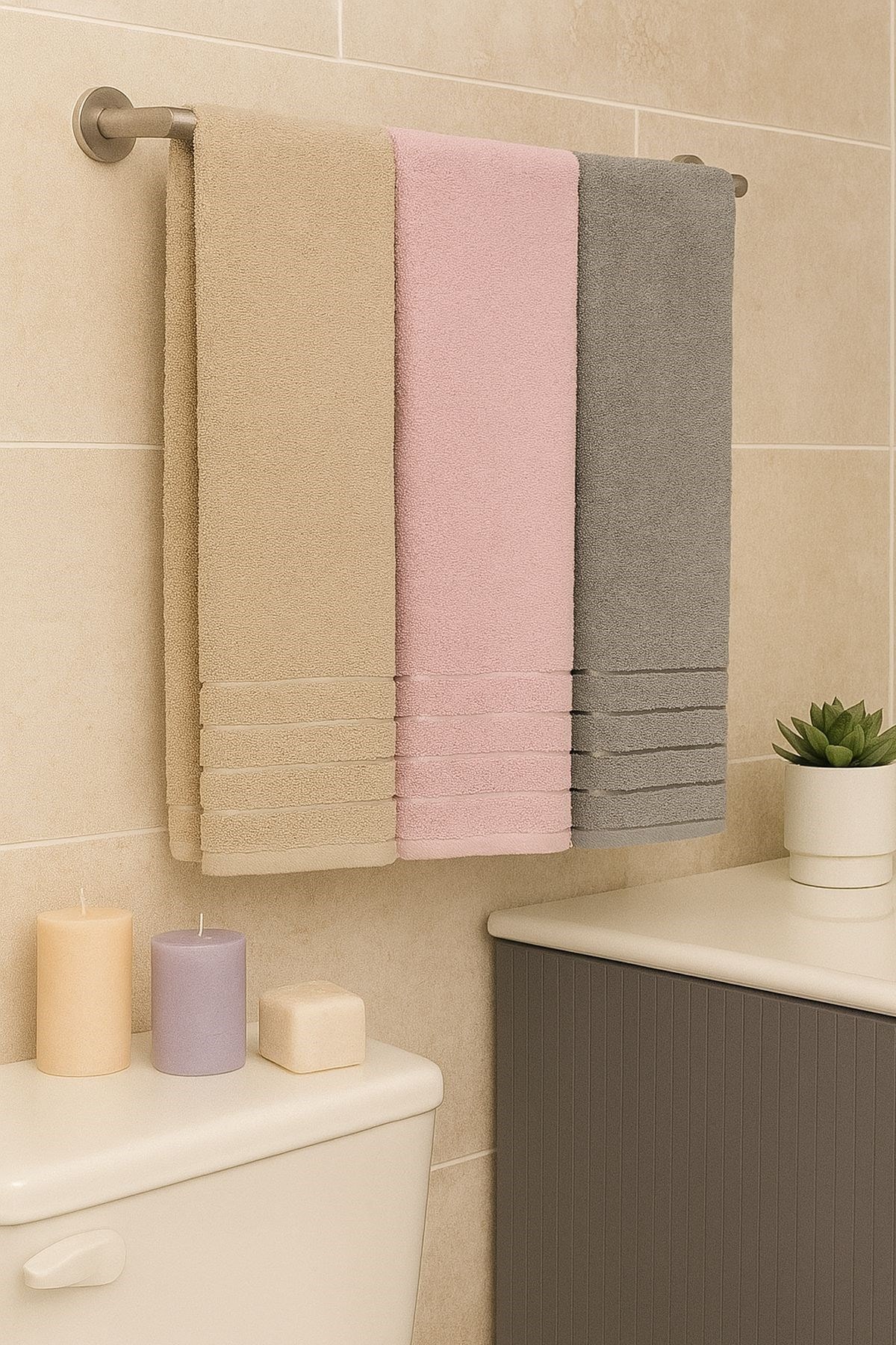 Line 3’lü Banyo Havlu Seti – 100x150 cm %100 Pamuk, Yumuşak Dokulu,Çizgili Desenli