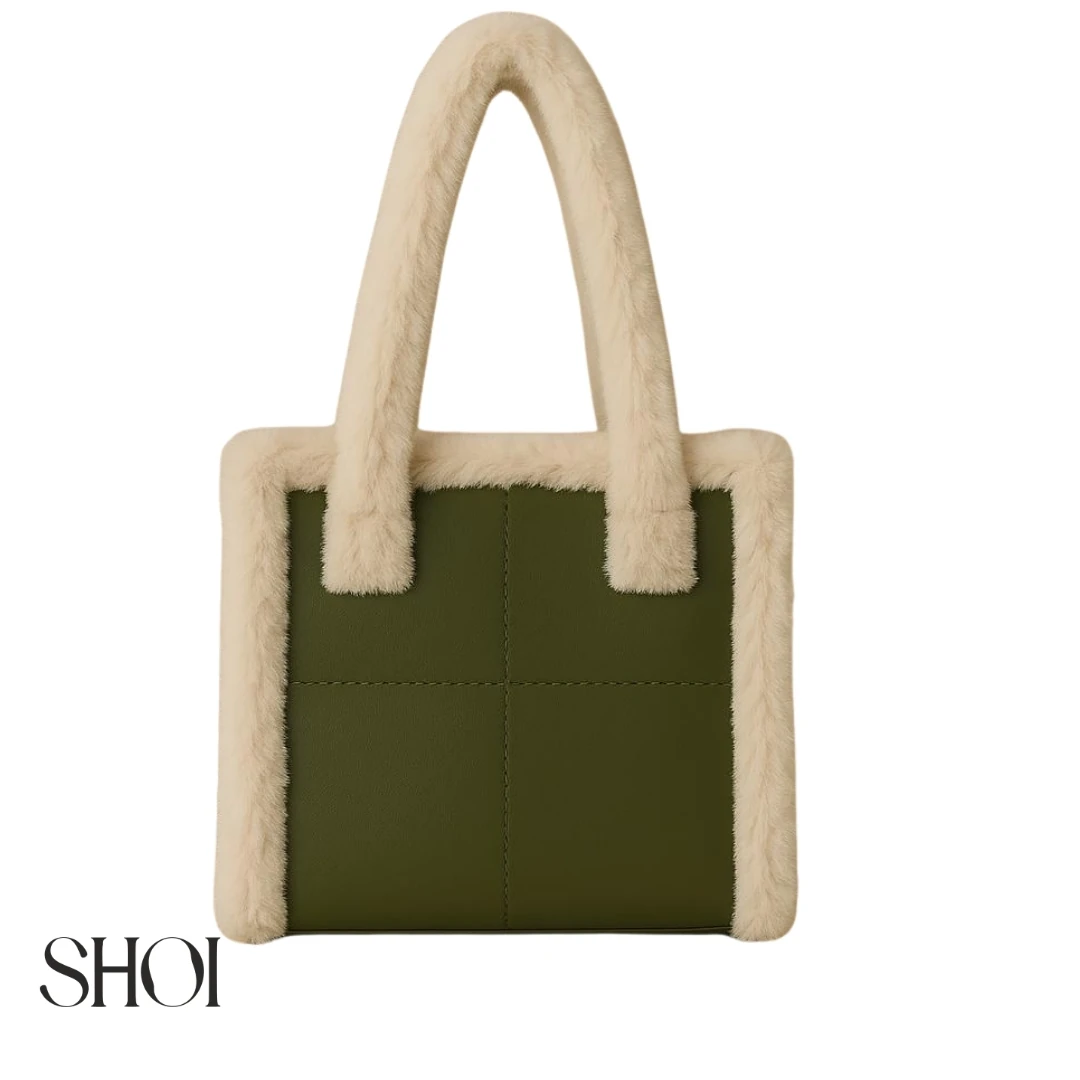 Tüylü Detaylı Haki Omuz ve El Çantası