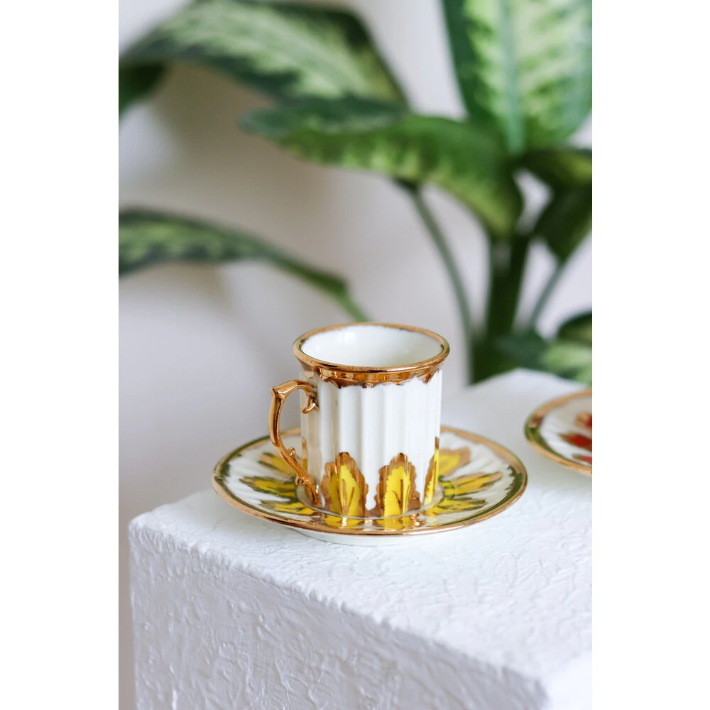 Antik El Yapımı 24K Altın işlemeli Türk Kahvesi & Espresso fincanı Sarı