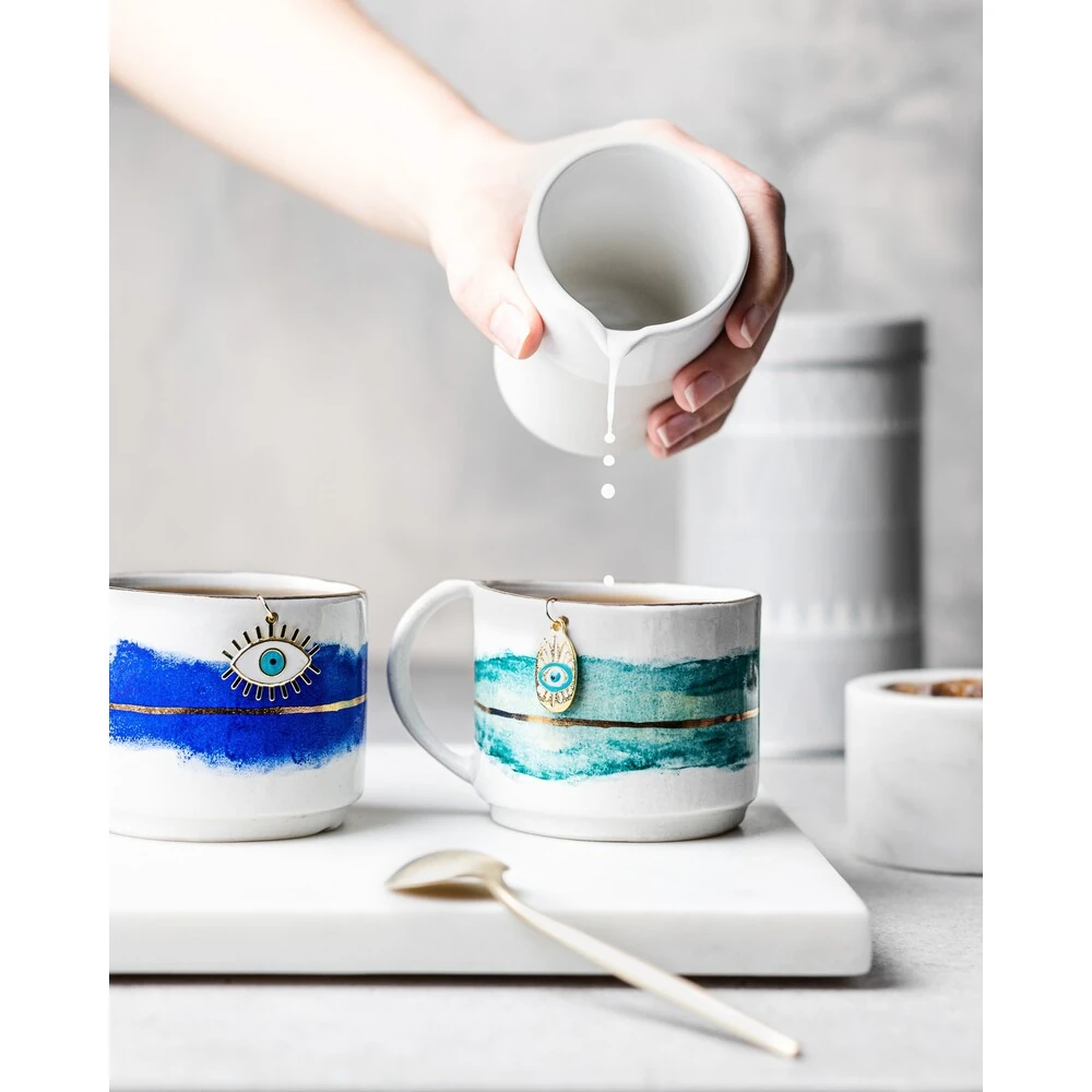 Flow Serisi "Flow" ve "Flow Deep"Göz Charmlı Elyapımı Porselen Charmlı Kahve Latte Çay Fincan Kupa