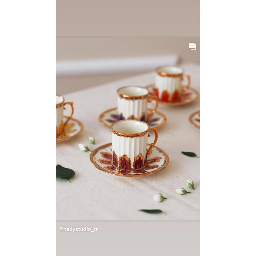 Antik 6lı set El Yapımı 24K Altın işlemeli Türk Kahvesi & Espresso fincanı Sarı