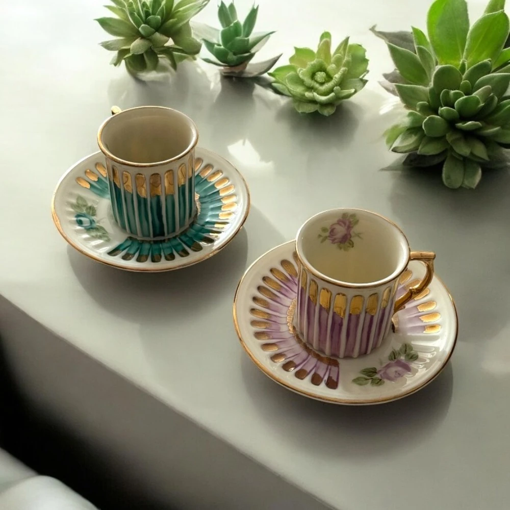 Bloom 2 kişilik El yapımı Porselen 24K altın işlemeli Kahve Fincanı Seti