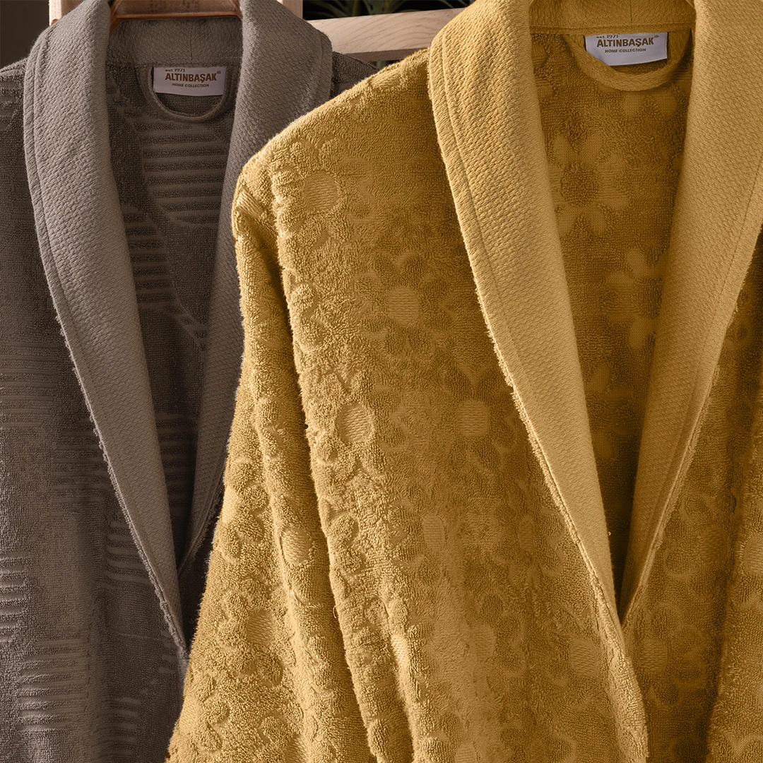 Armo %100 Pamuk Aile Bornoz Seti Hardal/Bej (6 Parça)