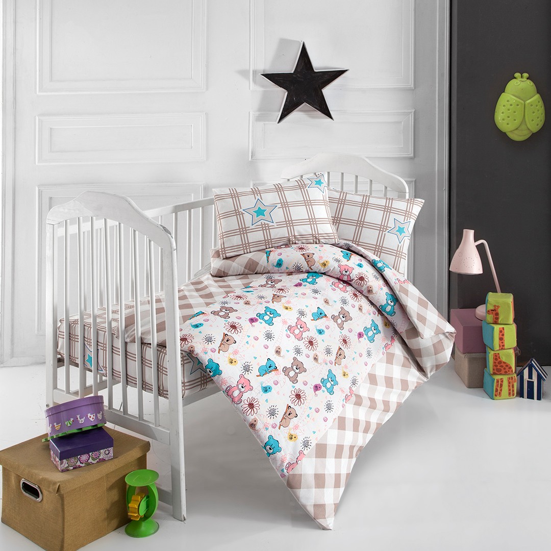 Sweet Bear Ranforce Bebek Nevresim Takımı Beyaz/Bej (4 Parça)