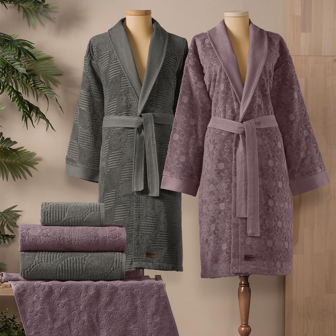 Armo %100 Pamuk Aile Bornoz Seti Mürdüm/Antrasit (6 Parça)