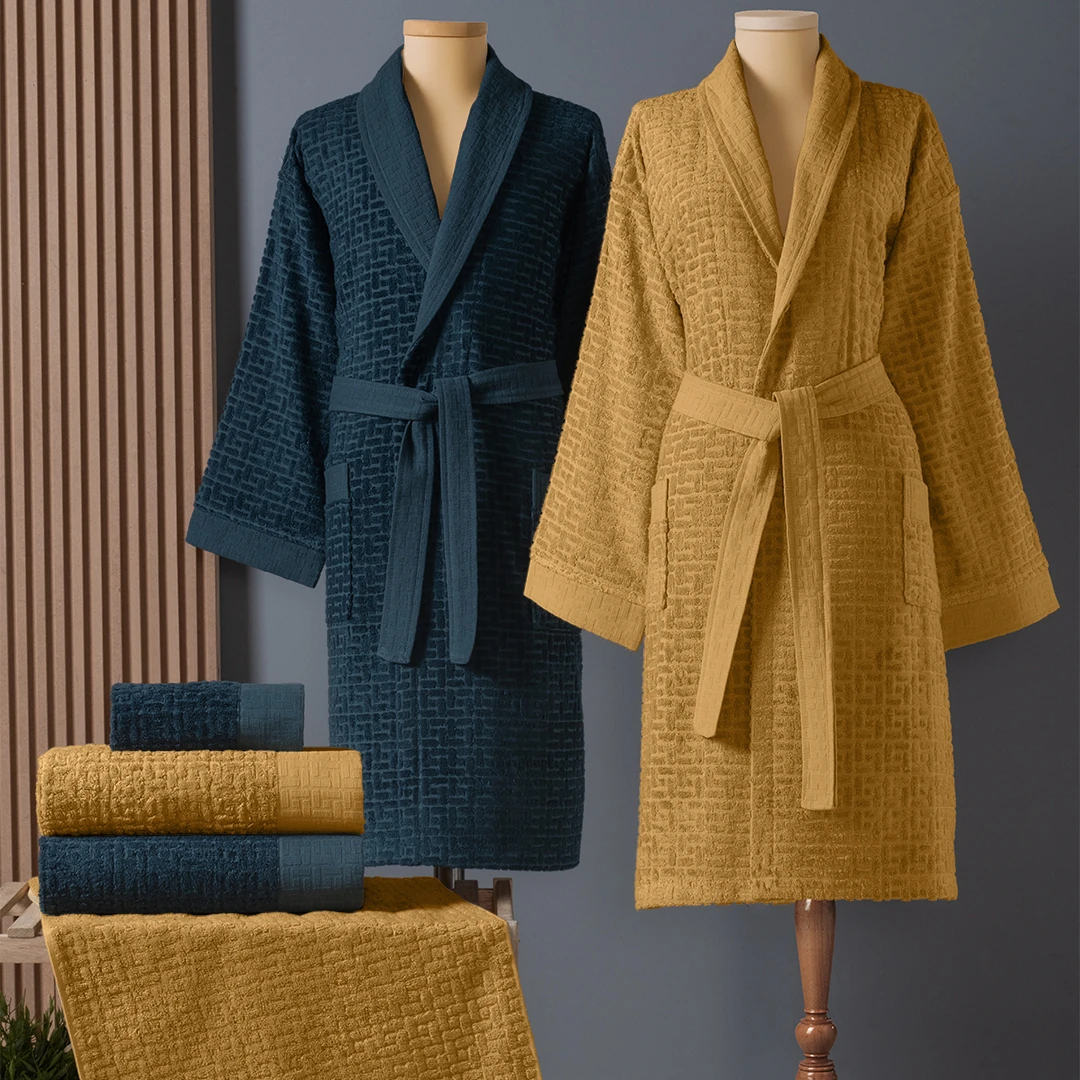 Lisse Bambu Aile Bornoz Seti Hardal/Lacivert (6 Parça)