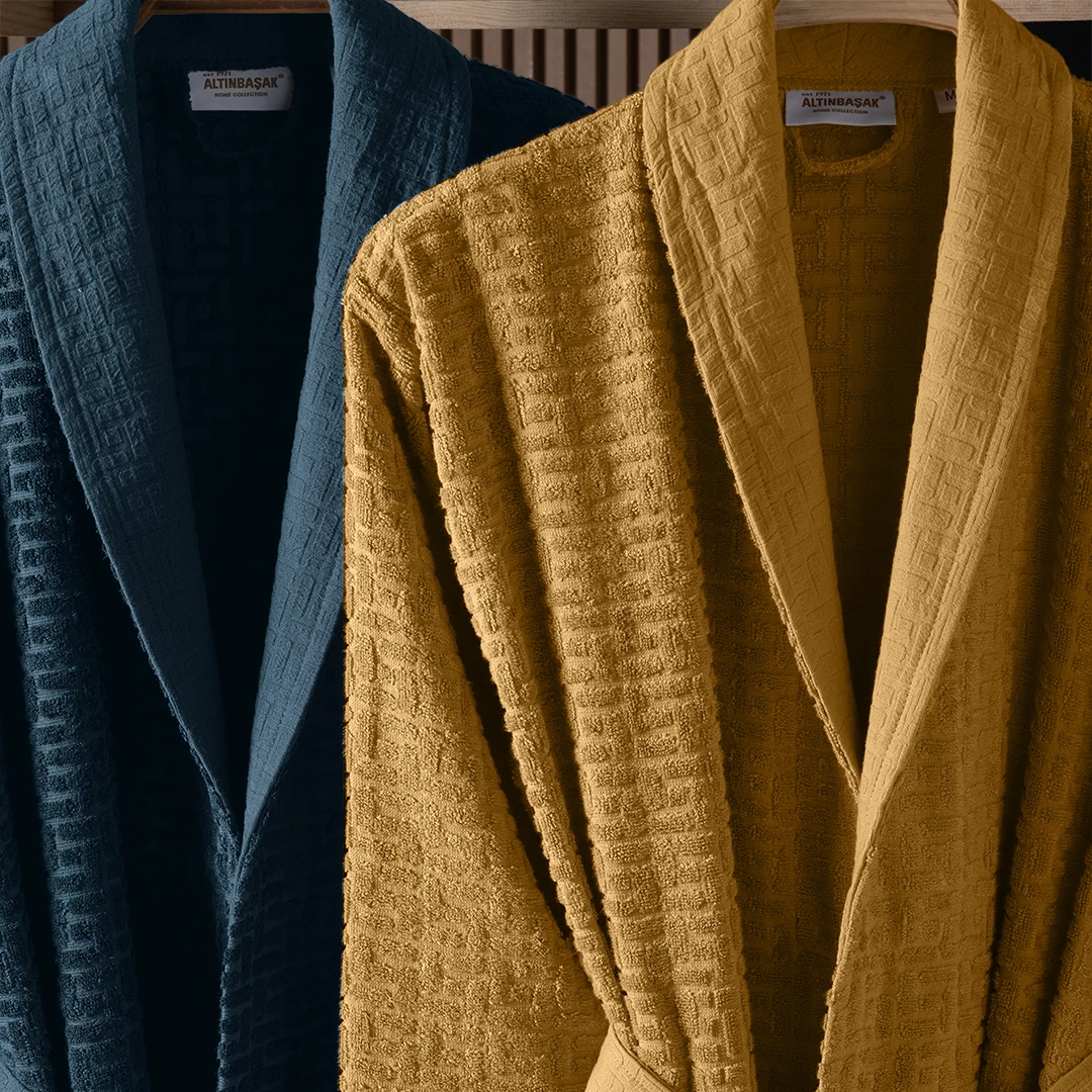 Lisse Bambu Aile Bornoz Seti Hardal/Lacivert (6 Parça)