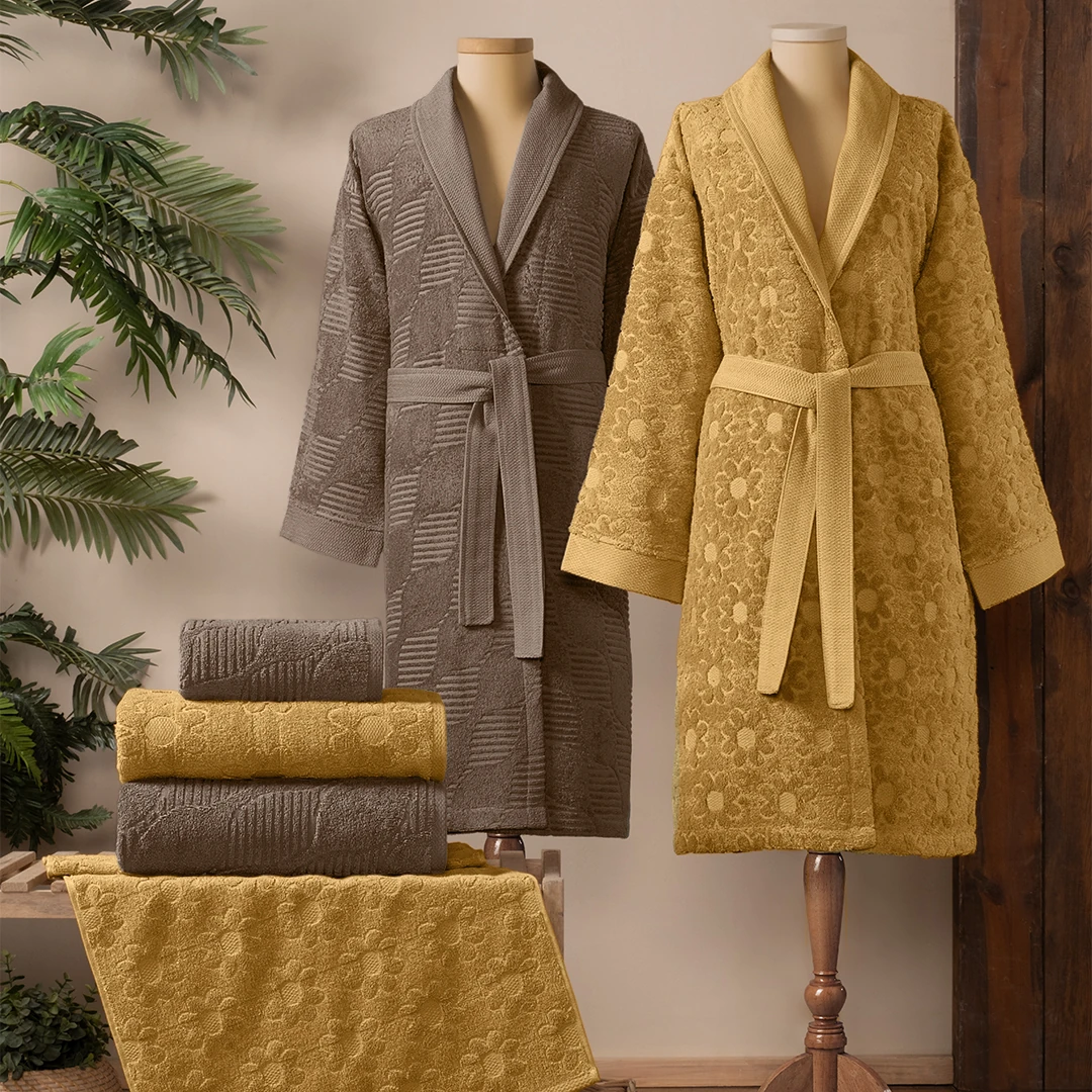 Armo %100 Pamuk Aile Bornoz Seti Hardal/Bej (6 Parça)