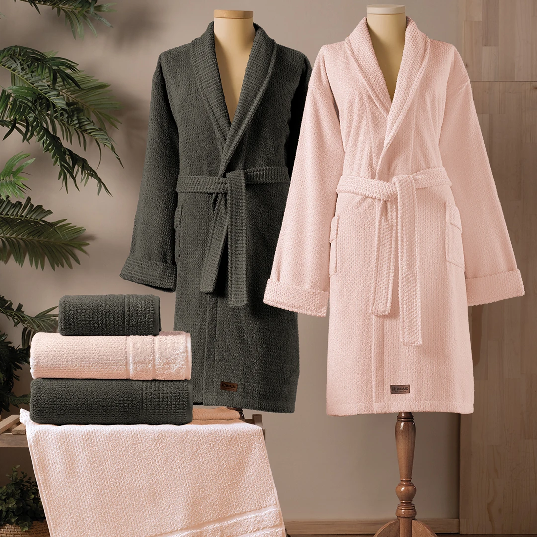 Verto %100 Pamuk Aile Bornoz Seti Şeftali/Antrasit (6 Parça)