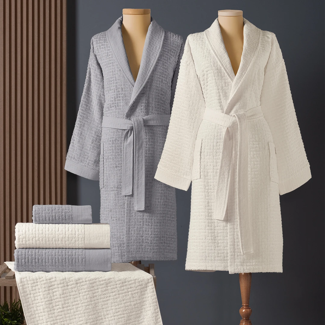 Lisse Bambu Aile Bornoz Seti Ekru/Gri (6 Parça)