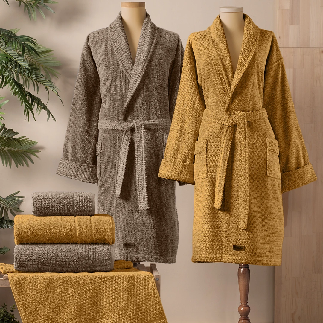 Verto %100 Pamuk Aile Bornoz Seti Hardal/Bej (6 Parça)