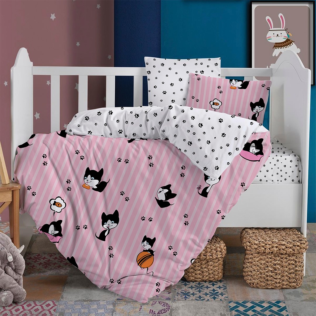 Cute Cats Ranforce Bebek Nevresim Takımı Beyaz/Pembe (4 Parça)