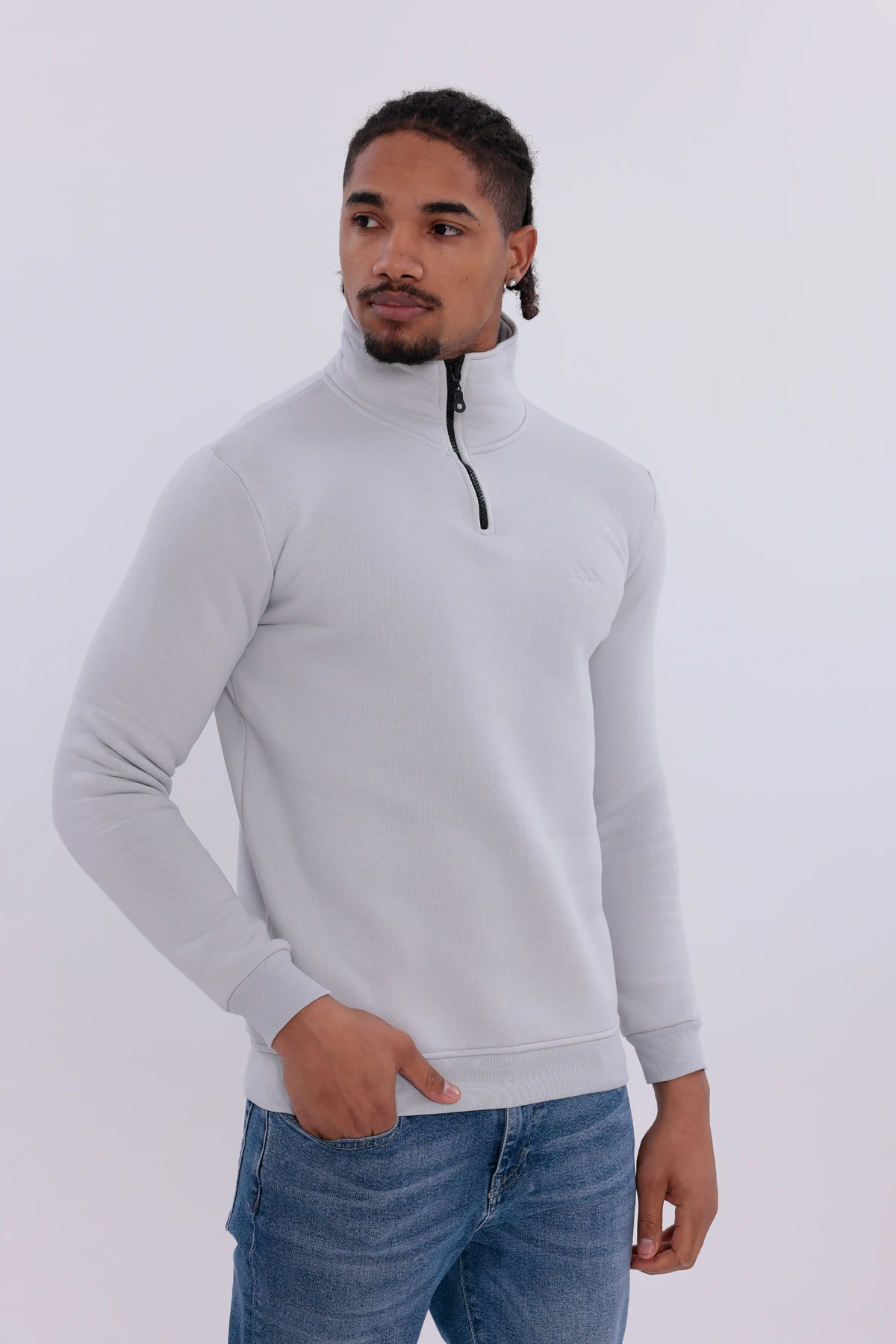 Sıfır4 Yarım Fermuarlı 3 iplik şardonlu  Sweatshirt Buz Gri