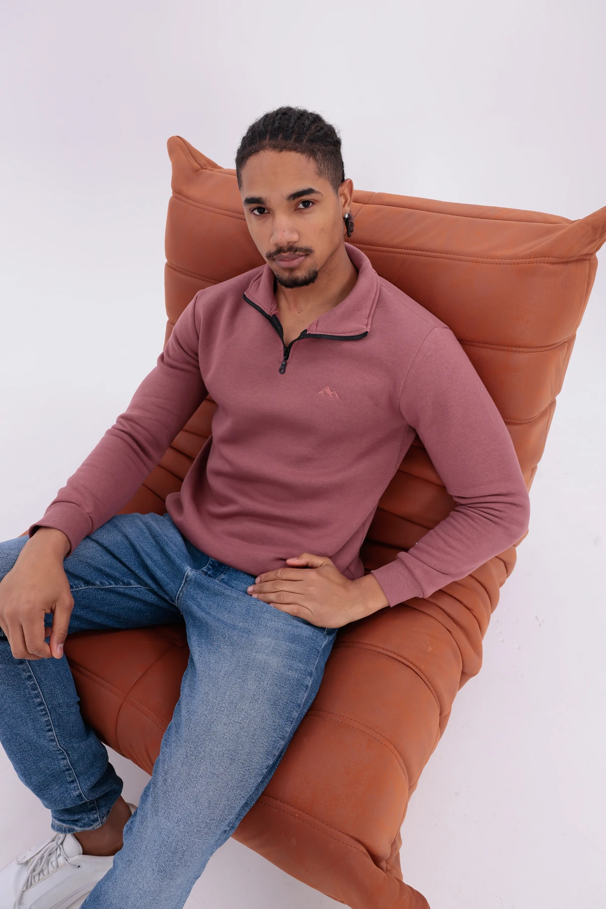 Sıfır4 Yarım Fermuarlı 3 iplik şardonlu  Sweatshirt gökyüzü mavisi Gül Kurusu