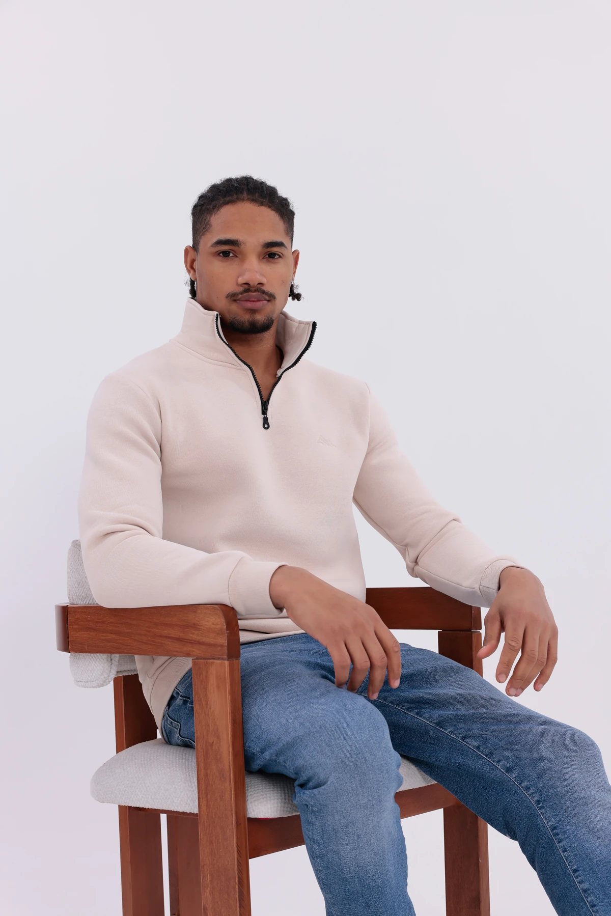 Sıfır4 Yarım Fermuarlı 3 iplik şardonlu  Sweatshirt Krem