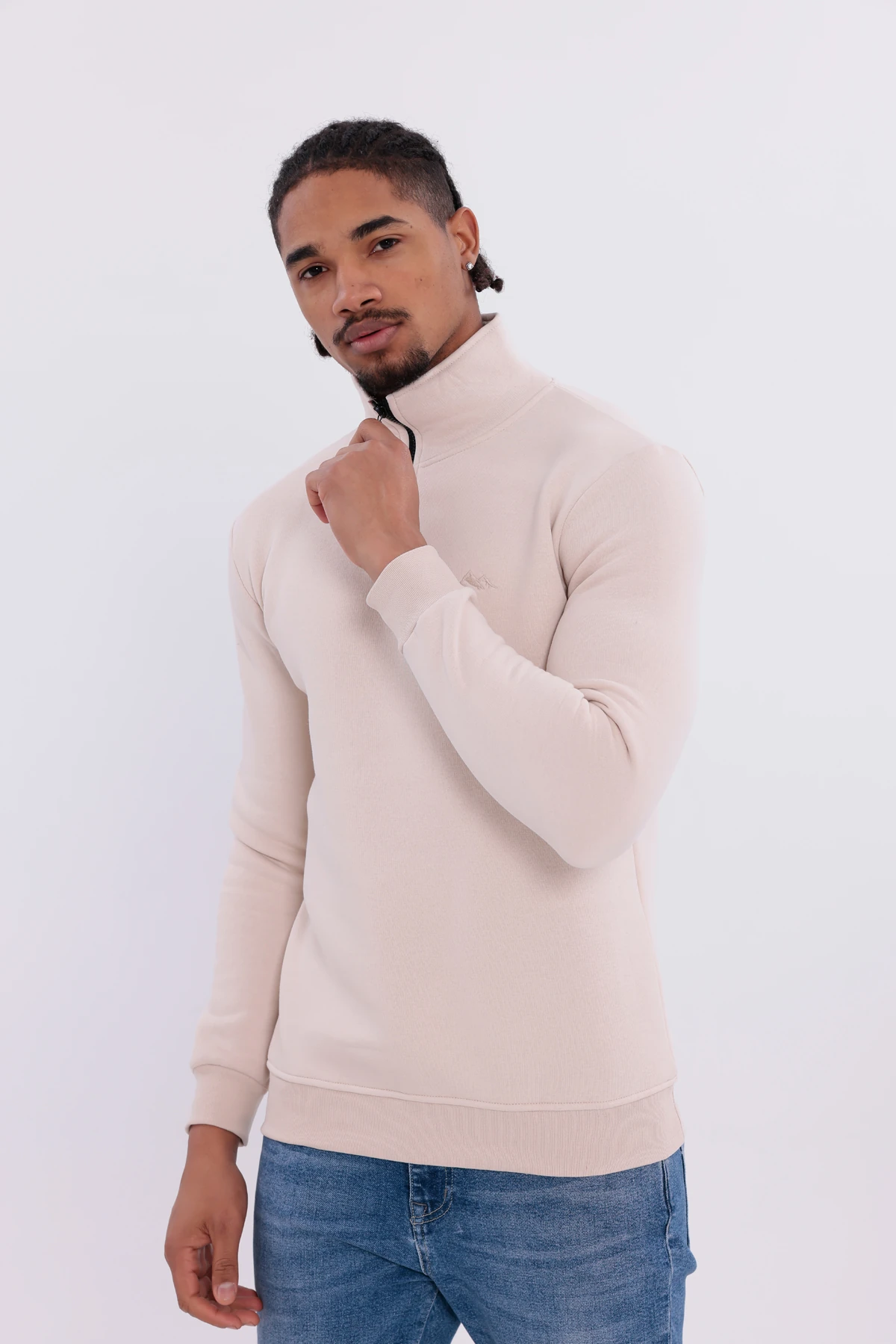 Sıfır4 Yarım Fermuarlı 3 iplik şardonlu  Sweatshirt Krem